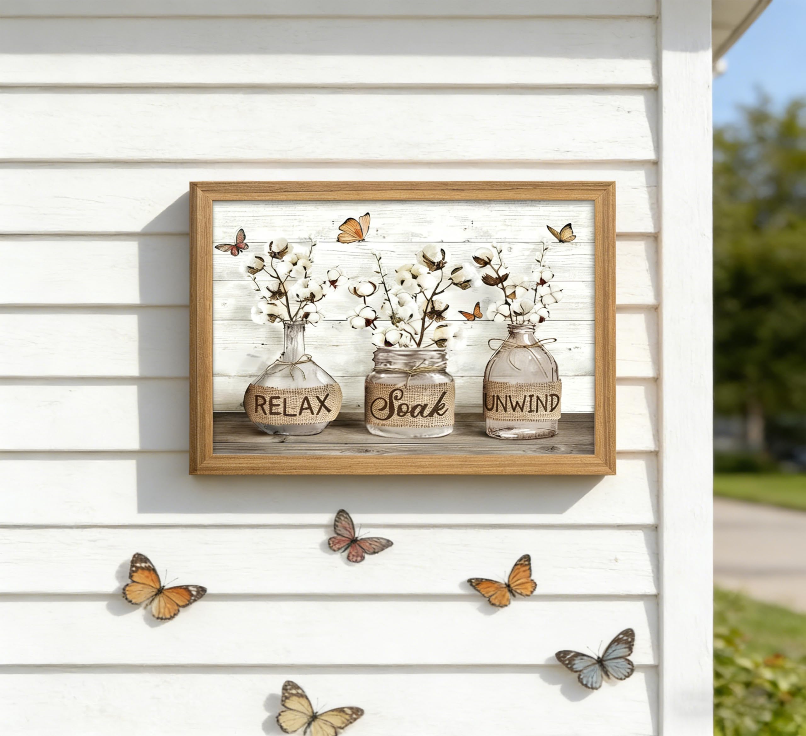 Framed Farmhouse Bathroom Canvas Wall Art Brown Rustic Cotton Flower Painting Picture Wall Decor Modern Relax Soak Unwind Sign Poster Print Artwork for Living room Restroom Home Decoration — view 5