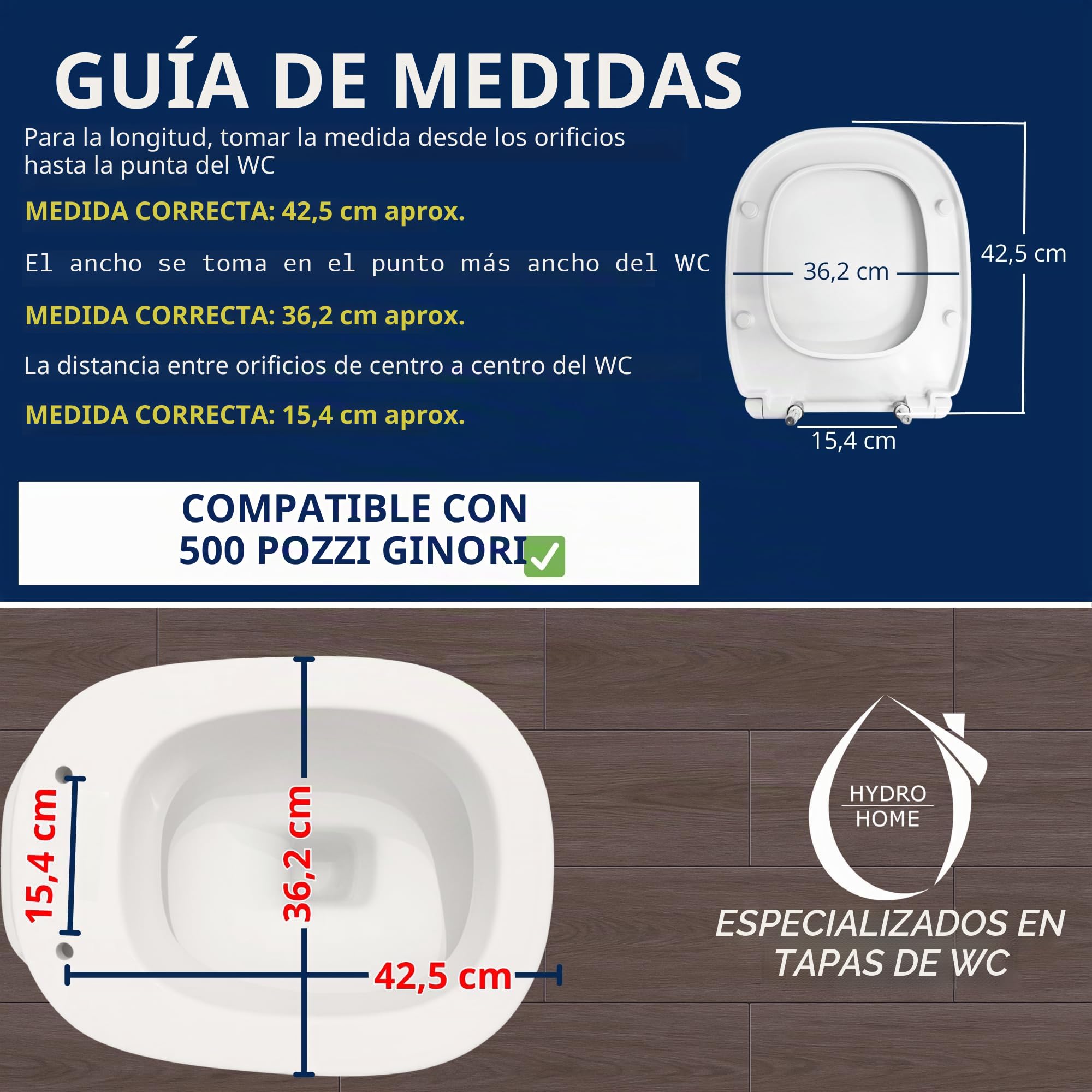 HYDRO HOME Tapa WC compatible con Pozzi Ginori 500 como original, termoendurecida, con bisagras fijación superior, Made in Italy (CIERRE CLÁSICO)