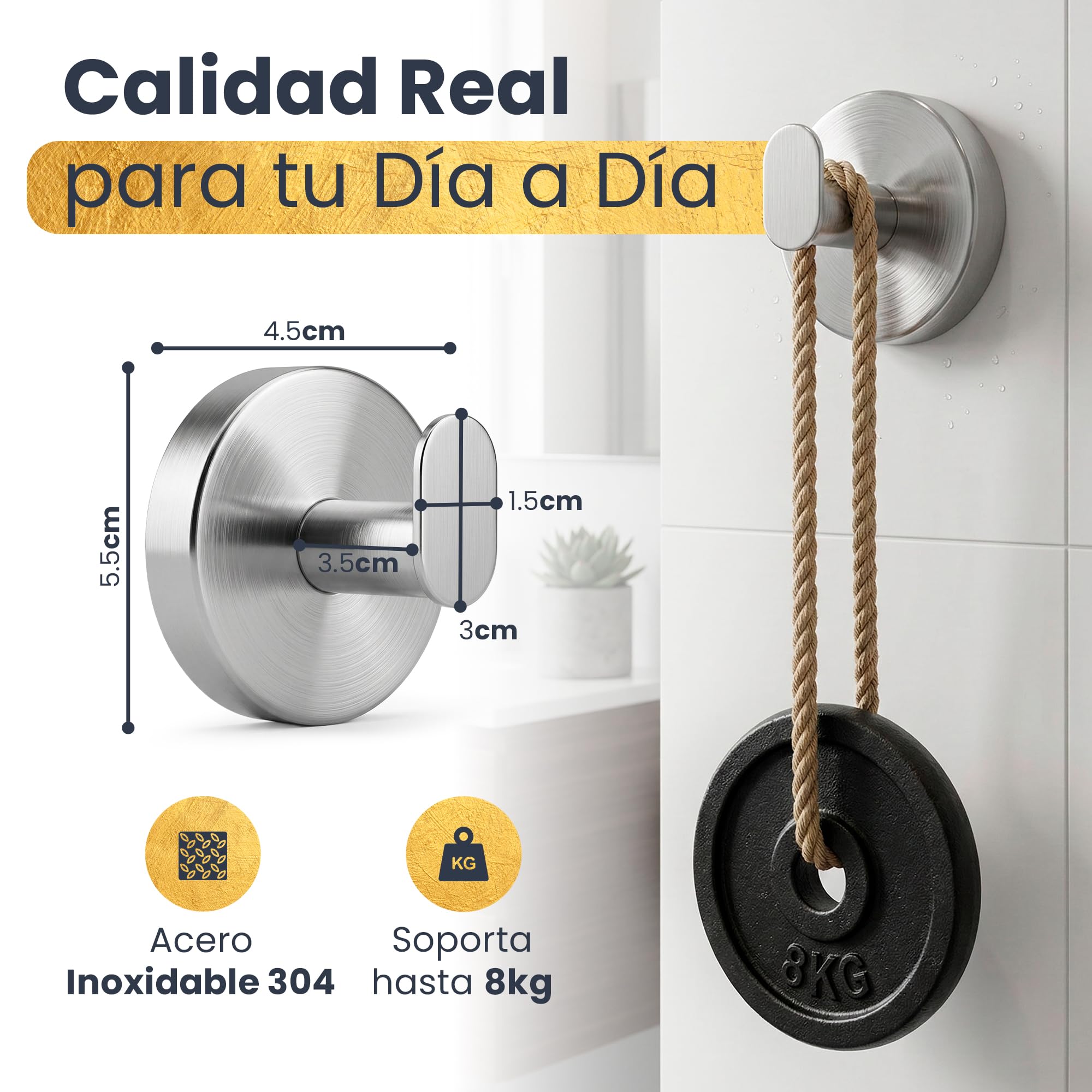 2 Toalleros de baño sin Taladro de Acero Inoxidable – Colgador Ventosa Resistente hasta 8 kg – Ideal Accesorios baño sin Taladro y Accesorios Cocina