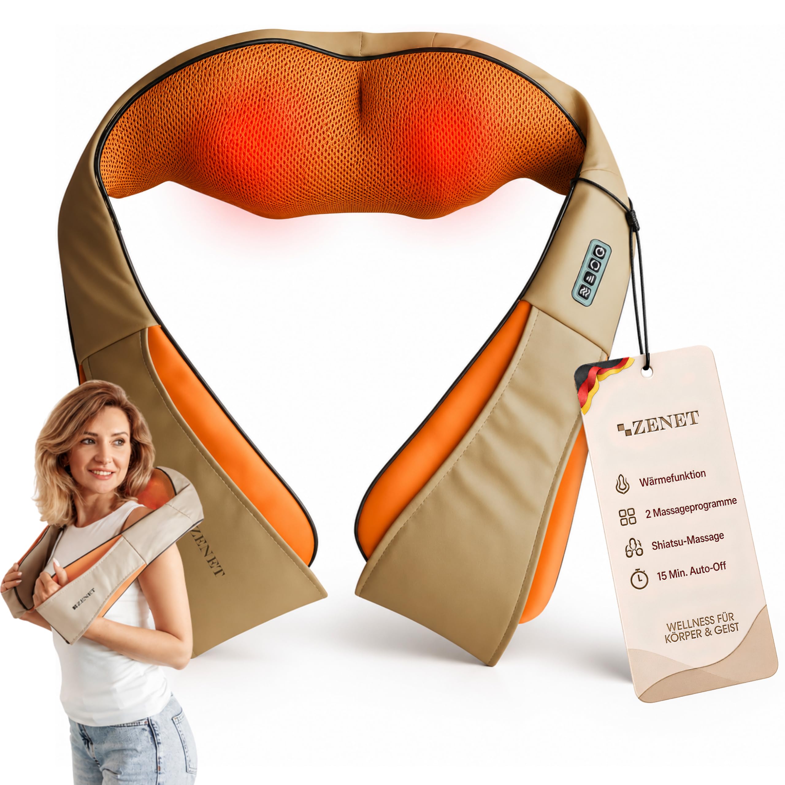 ZENET Nackenmassagegerät mit Infrarot Wärme, Shiatsu Massagegerät (Beige)