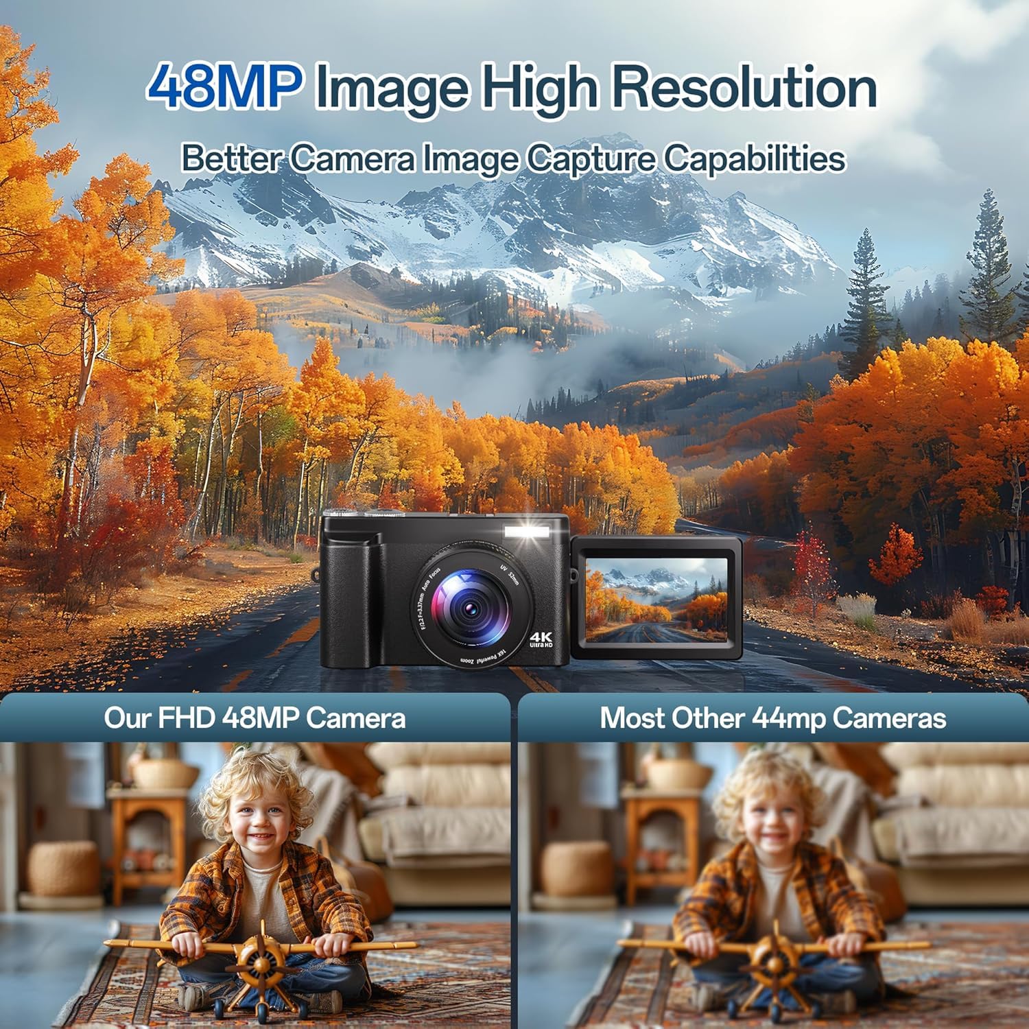Fotocamera Digitale 4K, 48MP Autofocus Macchina Fotografica con Zoom 16X, Vlog Fotocamera Compatta HD con Stazione di Ricarica, 2 Batterie, Scheda da 32 GB per Principianti, Bambini