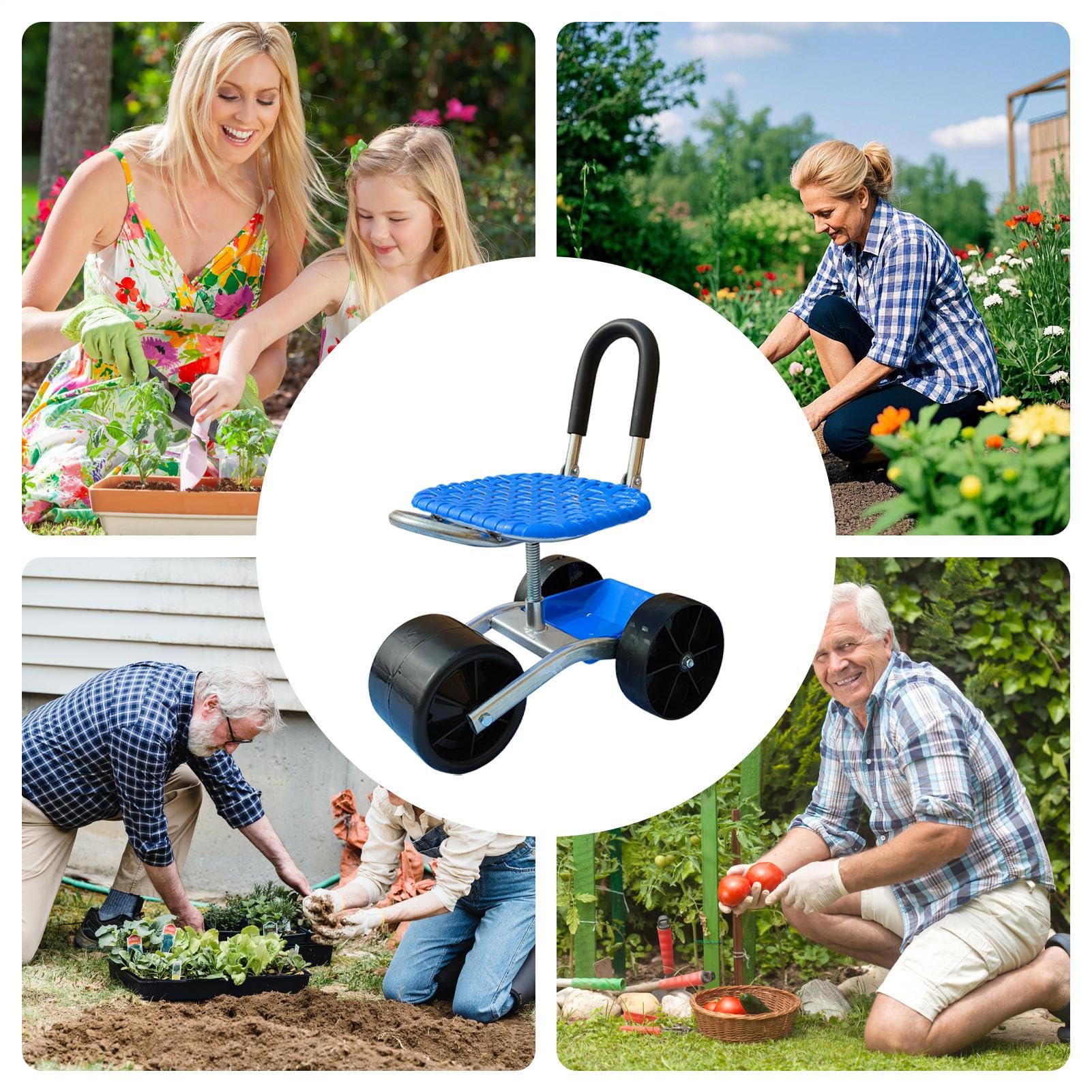 Carrello Da Giardino Con Sedile Rotolante Sgabello Girevole a 360 Gradi | Sedile Per Giardinaggio Rotolante Sgabello Carrello Da Giardino Multiuso Portatile Altezza Regolabile Per Seduta All'Apert