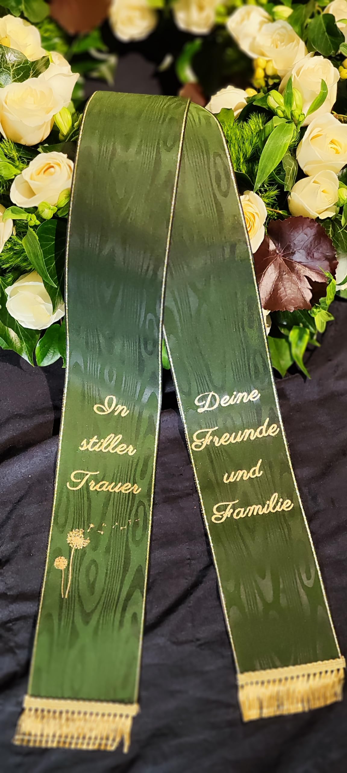 Gesteck Schleife, Grabschleife, Trauerschleife, Kranzschleife Bedruckt (100 mm für Strauß oder Gesteck, dunkelgrün)