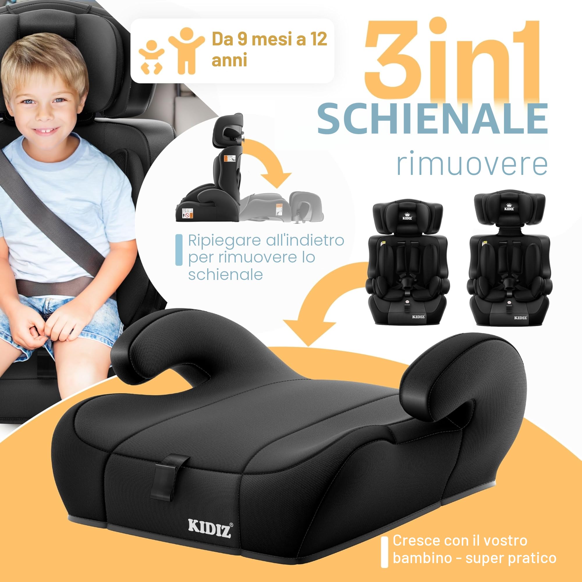 KIDIZ® Seggiolino auto i-Size R129, da 100 a 150 cm fino a 12 anni, gruppo 1/2/3, senza Isofix, seggiolino per bambini che cresce con il piede, cintura a 5 punti e poggiatesta regolabile in altezza