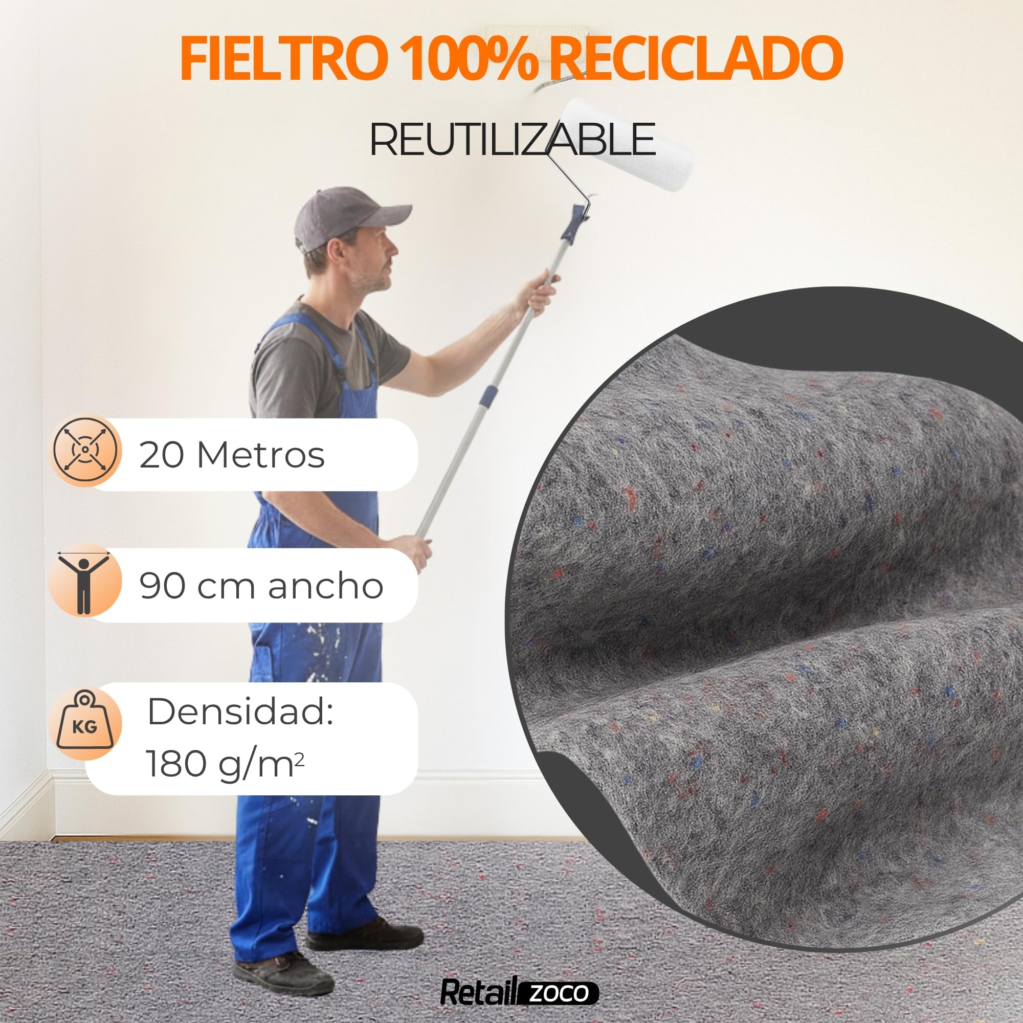 Fieltro Protector de Suelos Pintor, Rollo Fieltro para Suelo y Muebles, Producto reciclable, Uso en Reformas, Pintura y Mudanzas, Capa Polietileno Antideslizante 180 g/m2, 1 Rollo de 90 cm x 20 Metros