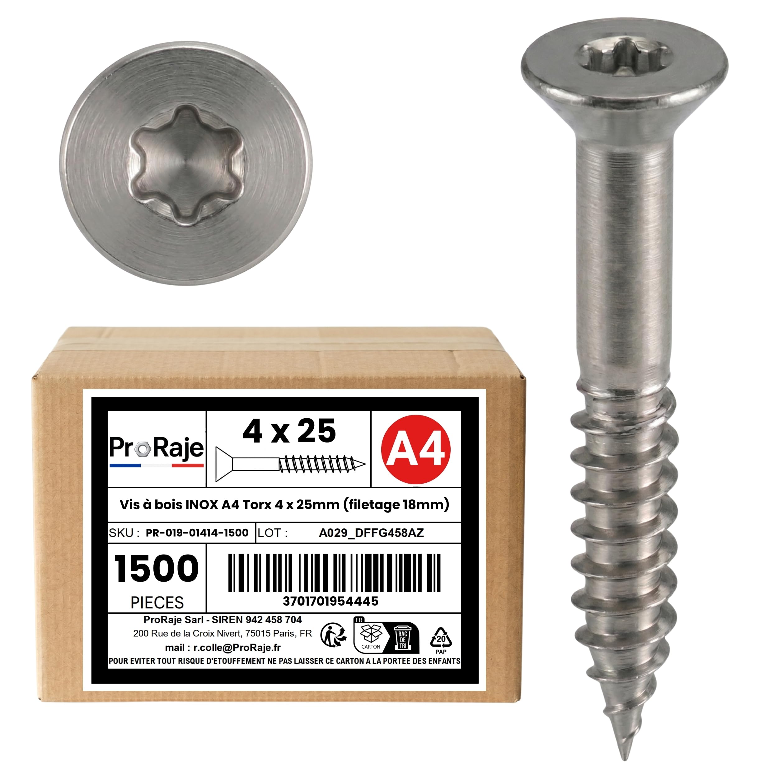 PRORAJE Wood Screws Stainless Steel A4: 4 x 25 mm (Thread 18 mm) | Countersunk Head Torx (TX) | Stainless Steel A4 (V4A / AISI 316) | Construction / Chipboard / Patio / etc: Pack of 1500 โ image 1