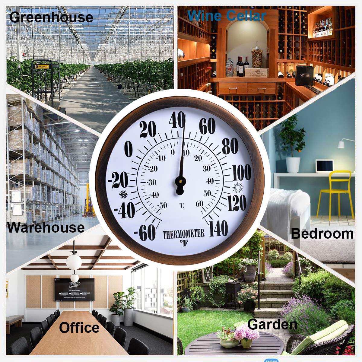 Termómetro decorativo para interiores y exteriores de 12 pulgadas, termómetro de pared impermeable para patio, termómetro de números grandes con carcasa de acero inoxidable, no necesita batería,