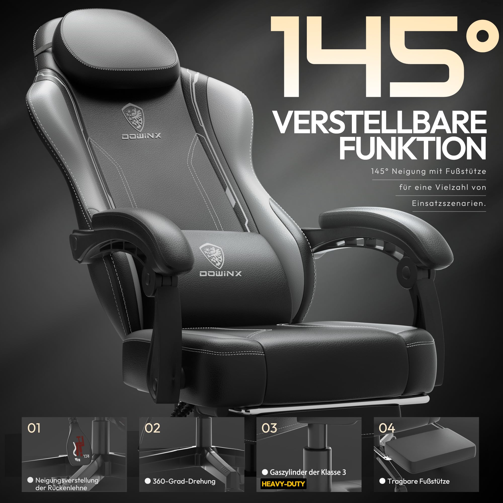 Dowinx - Sedia per il gaming, con cuscino, ergonomica, dotata di supporto lombare, in pelle sintetica PU, schienale largo, 150 kg, colore grigio