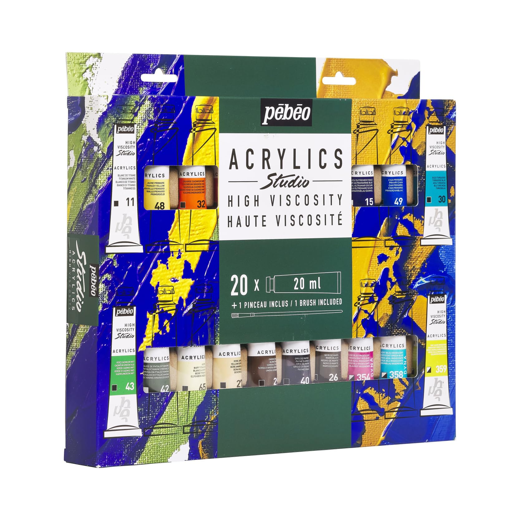 Pébéo Studio Acrylics - Kit di Pittura Acrilica - 20 Tubetti da 20 ml + Pennello - Colori Assortiti - Ideale per Artisti e Principianti
