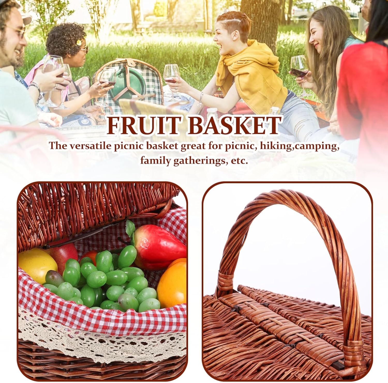 Homoyoyo Wicker Picnic Basket with Handle and Double Lids, Handwoven Willow Storage Basket for Camping, Kitchen Vegetable, and Outdoor Fruit Harvest, Red Plaid Design Suitable for Picnic