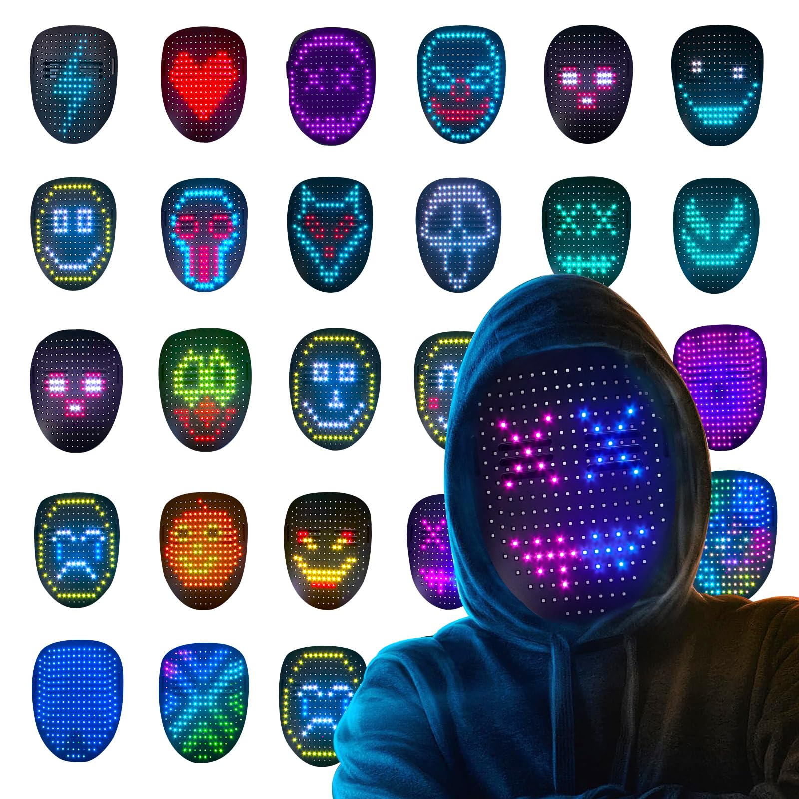 LED Mask for Man Women Unisex Light Up LED Face Cool Masks with Gesture Sensing Transforming for Halloween