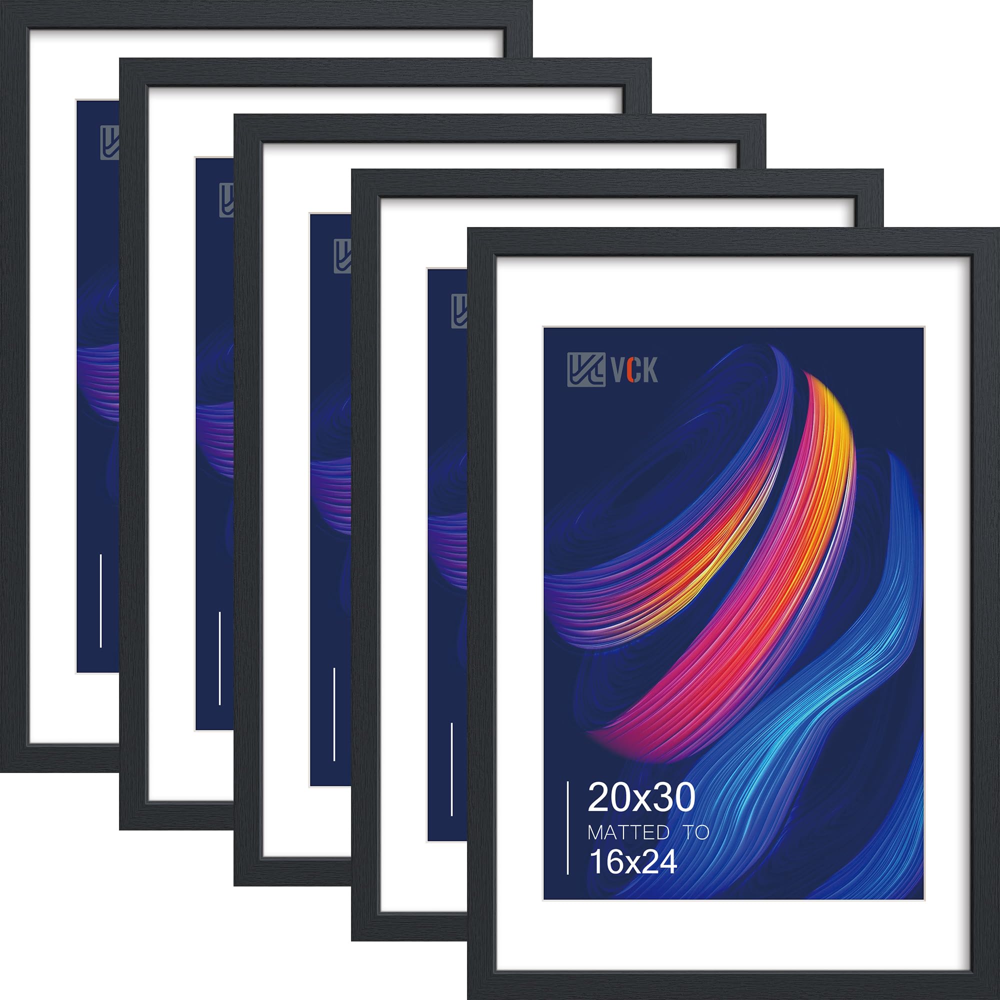 VCK 20x30 Poster Frame 5 Pack, Black Wood, 16x24 Mat, for Gallery Wall