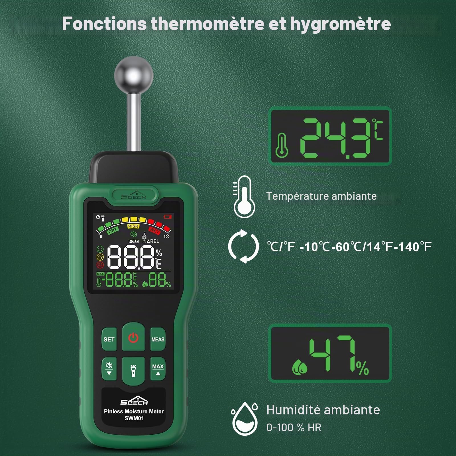 Testeur Humidité, SQECH Humidimetre Mur avec Thermomètre, Lampe de Poche | Détecteur Humidité Multifonction avec écran LCD Couleur, Alarme, pour Mur, Bois, Béton