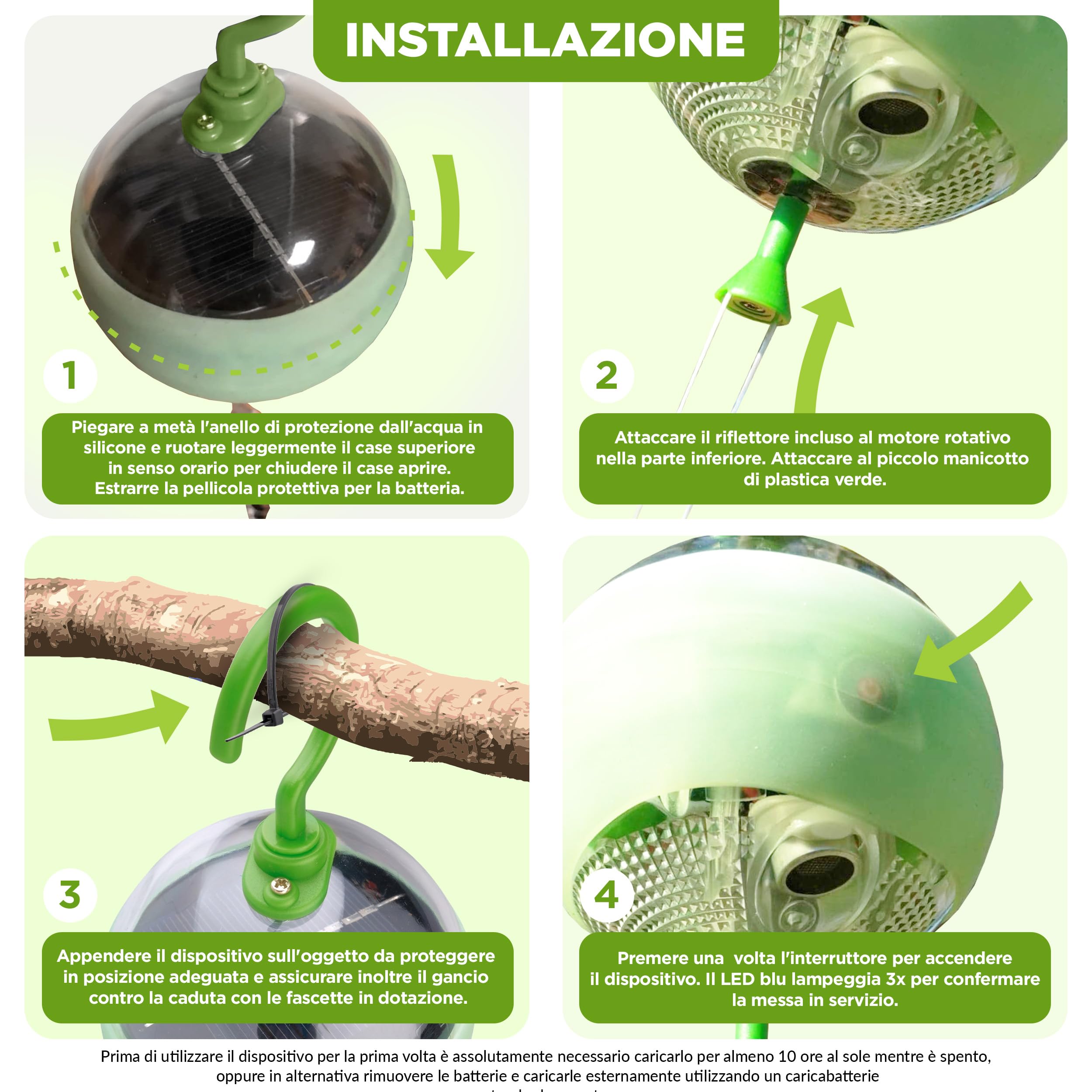 ISOTRONIC dissuasore solare uccelli 4in1 movimento ultrasuoni luce blu riflettori argentati piccioni balcone giardino 4 pezzi efficace esterno protezione difesa stop volatili ecologico decorativo