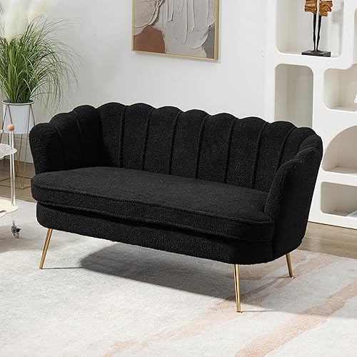 Boucle Sofá biplaza pequeño de tela con patas de metal dorado, moderno sofá de 2 plazas de 59 pulgadas con respaldo de flores, sofá para sala de