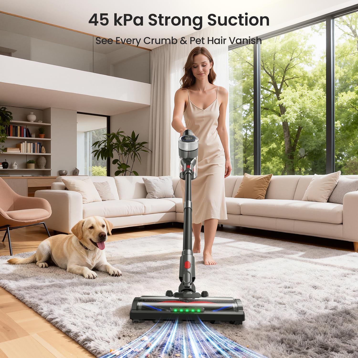 Xlife Cordless Vacuum Cleaner 45KPa 550W for Pet Hair & Multi-Surface Greenlight Reveal Dust 7-Stage HEPA Filter Long Runtime Anti-Tangle Roller Adjustable Stick Lightweight (P2)