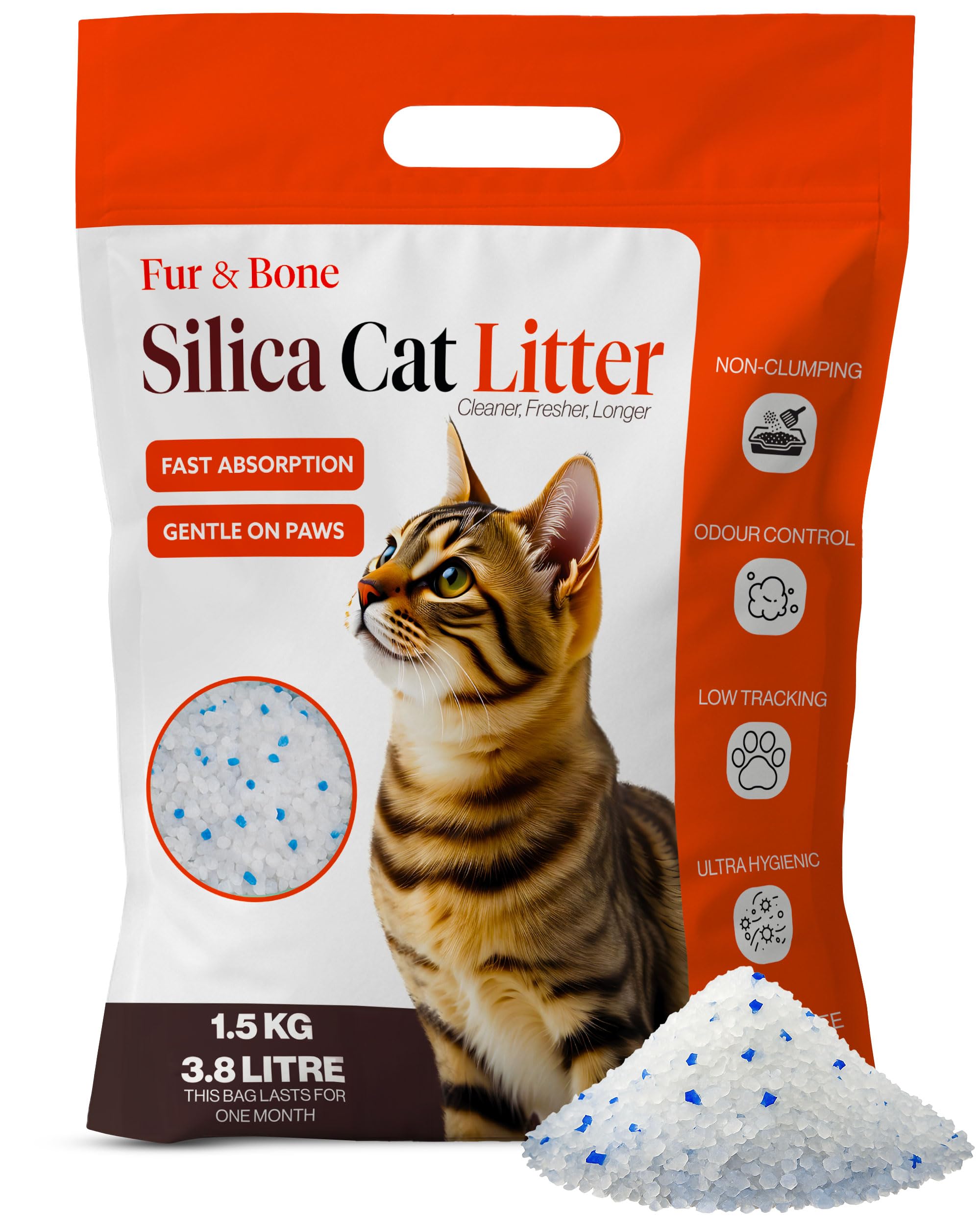 Fur & Bone 3.8L Silica Cat Litter - Non-Clumping Cat Litter Crystals - Ultra Absorbent, Fast-Drying & Low-Dust, Odor Control Crystal Granules, Easy to Clean for Housetraining Cats and Kittens