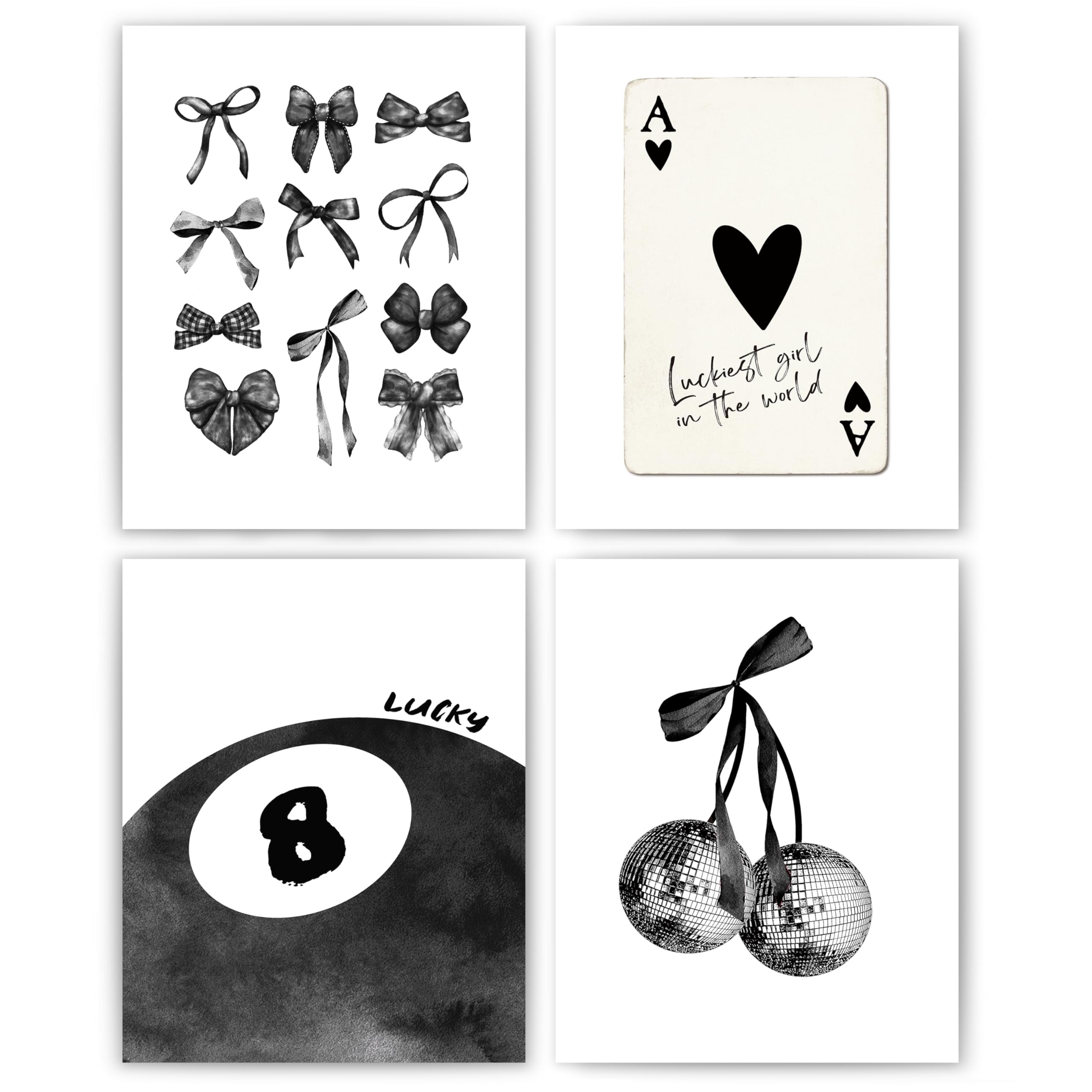 okaxscm Black Coquette Trendy Preppy Wall Art Prints Set of 4, Coquette Room Decor, Preppy Room Decor Aesthetic, Black Bow Disco 8 Ball Cherry Wall Decor Posters for Girls Bedroom Dorm, 8x10 Unframed