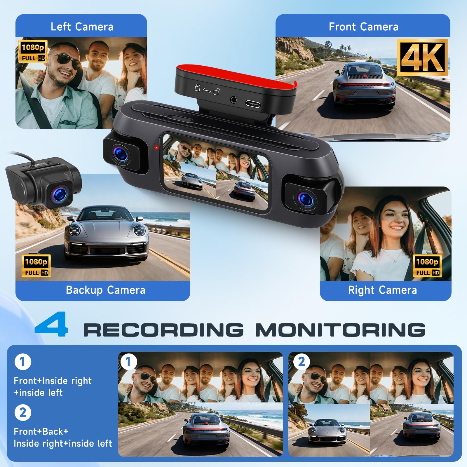 Hodozzy 4K 4 Canaux Dashcam Voiture, WiFi et Contrôle Via App Dash Cam Caméra avec Enregistrement en Boucle, GPS Caméra Embarquée 3 Pouces avec Vision Nocturne, Capteur G, Mode Parking+ 64G Carte TF