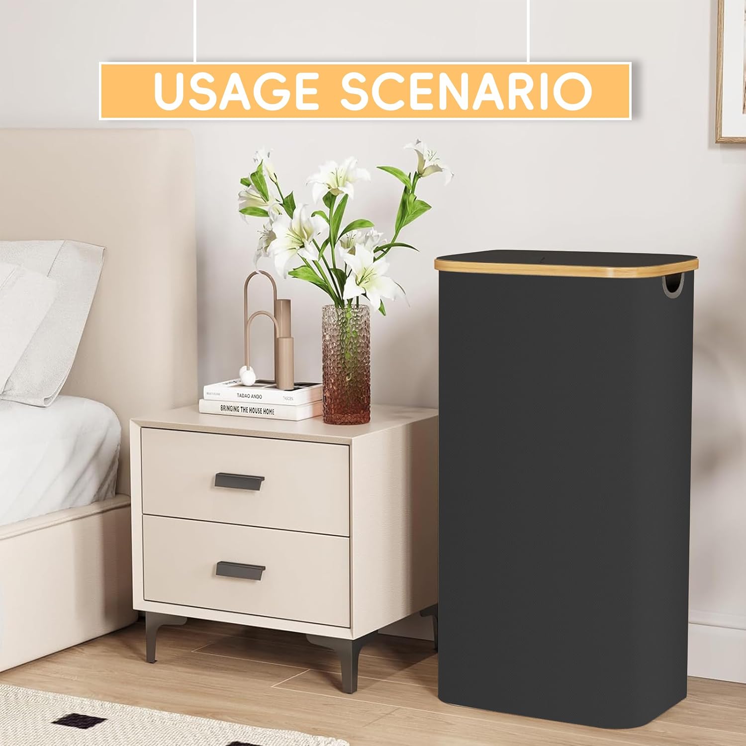 2-Pack 100L Bathroom Dirty Clothes Basket, Laundry Hamper with Lid, Collapsible Laundry Basket, Bedroom Storage Case with Bamboo Support, with Handles and Removable Inner Bag (Black)