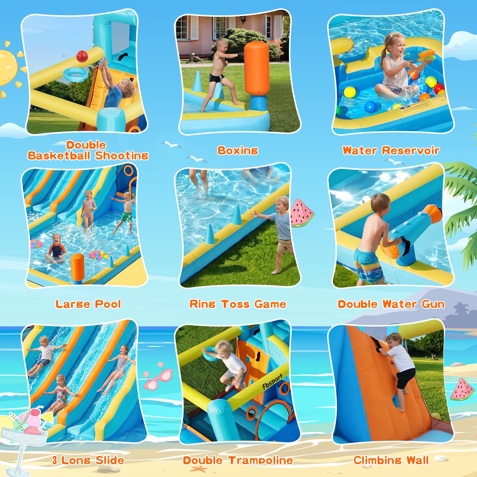 FBSPORT Hüpfburg & Wasserrutsche, 10-in-1 Wasserpark mit 3 Gleiten, 2 Sprungzonen & Kletterwand, 950W Gebläse, Gartenanlage mit Wasserwaffe, Planschbecken & Spielzubehör