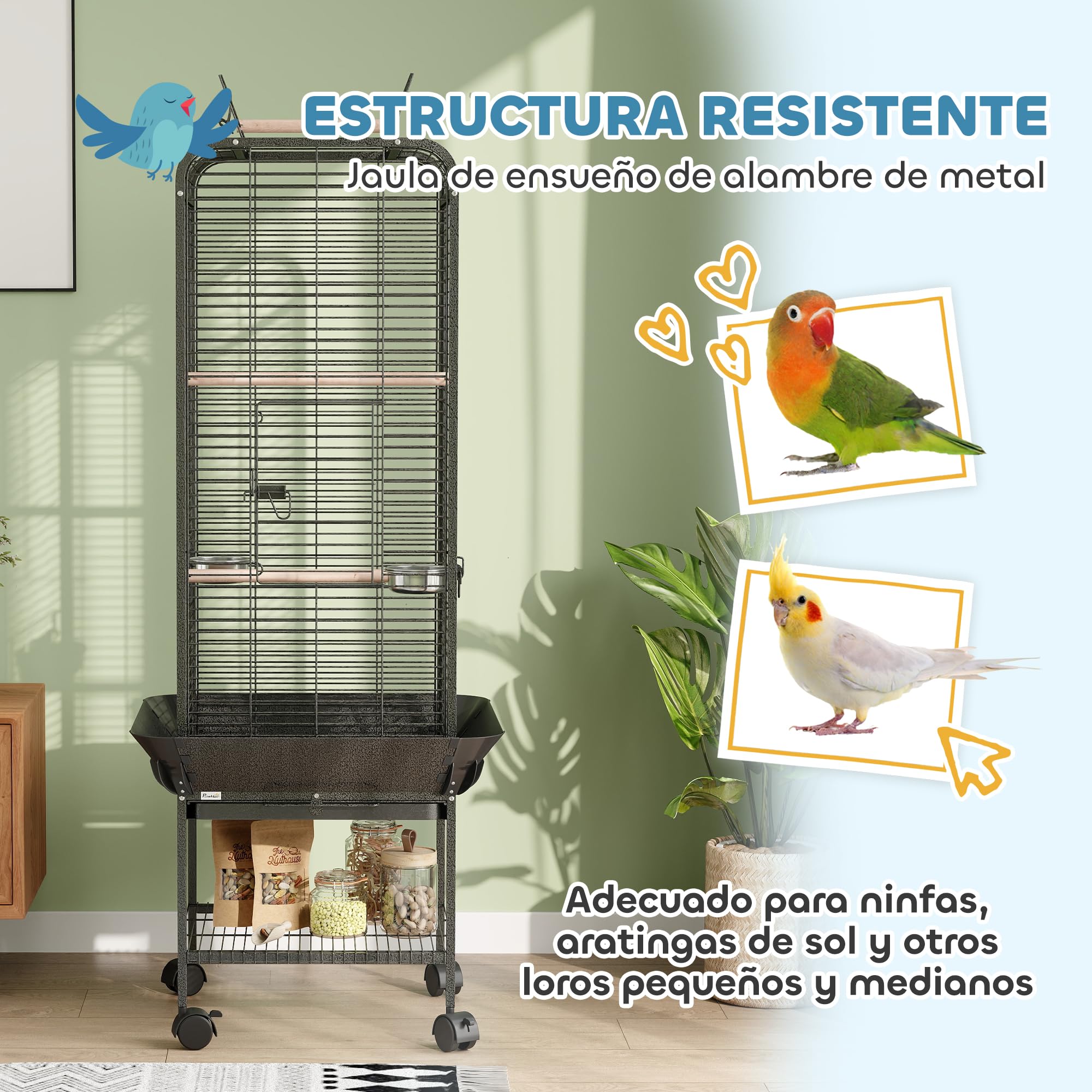 PawHut Jaula para Pájaros Jaula para Loros con Ruedas Perchas Comederos Estante y Bandeja Extraíble Pajarera para Cacatúas Cotorras 62,5x62,5x146 cm Gris Oscuro