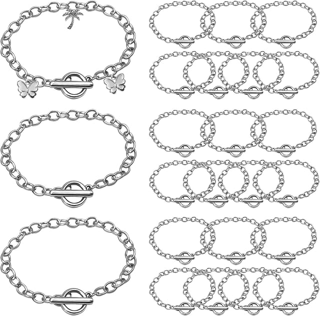 24 Pieces Silver Chain Bracelets Stainless Steel Link Bracelet with OT Toggle Clasp Jewellery Bracelet Making Chains for Women Girls DIY Charm Bracelet Chain Crafts