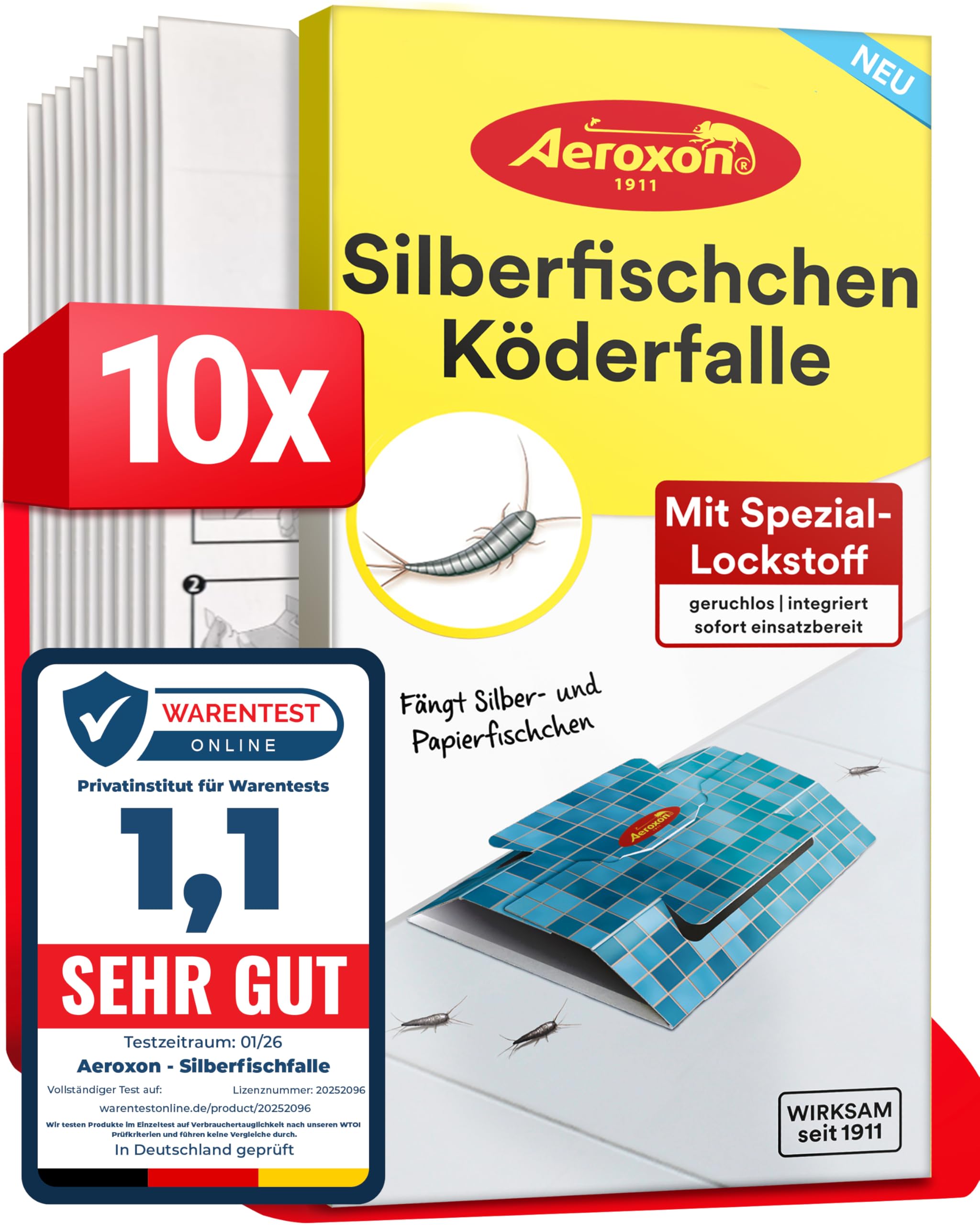 Aeroxon Silberfische Bekämpfen - 10x Silberfischfalle – Hochwirksame Klebefallen Silberfische, Insektizidfreie Papierfische Falle, Alternative zu Silberfisch Köderdose und Silverfish Spray