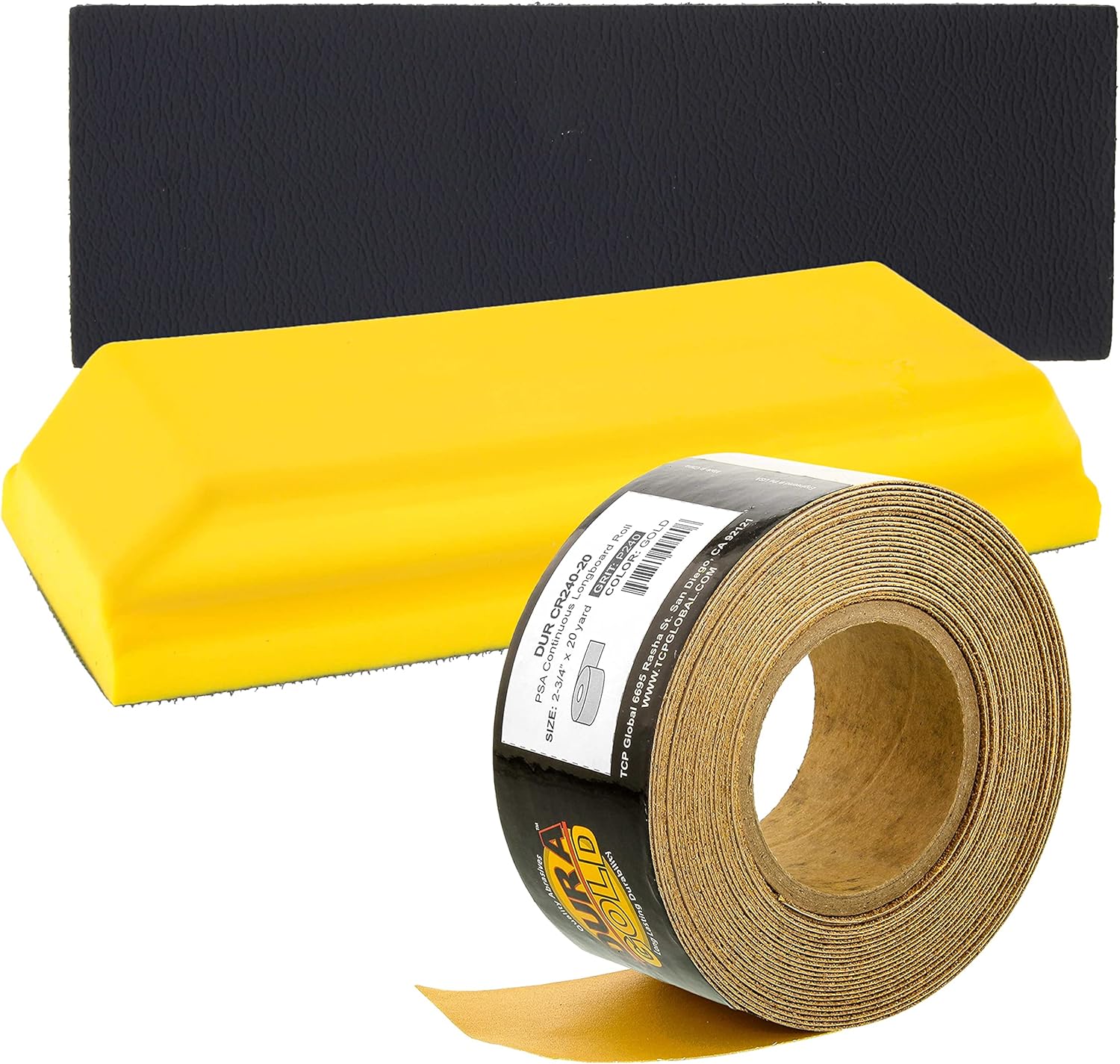 Dura-Gold Pro Series Rectangle 7-3/4" x 2-3/4" Hand Sanding Block Pad with Hook & Loop Backing and PSA Adapter Pad & 240 Grit PSA Longboard Sandpaper 20 Yard Roll, 2-3/4" Wide