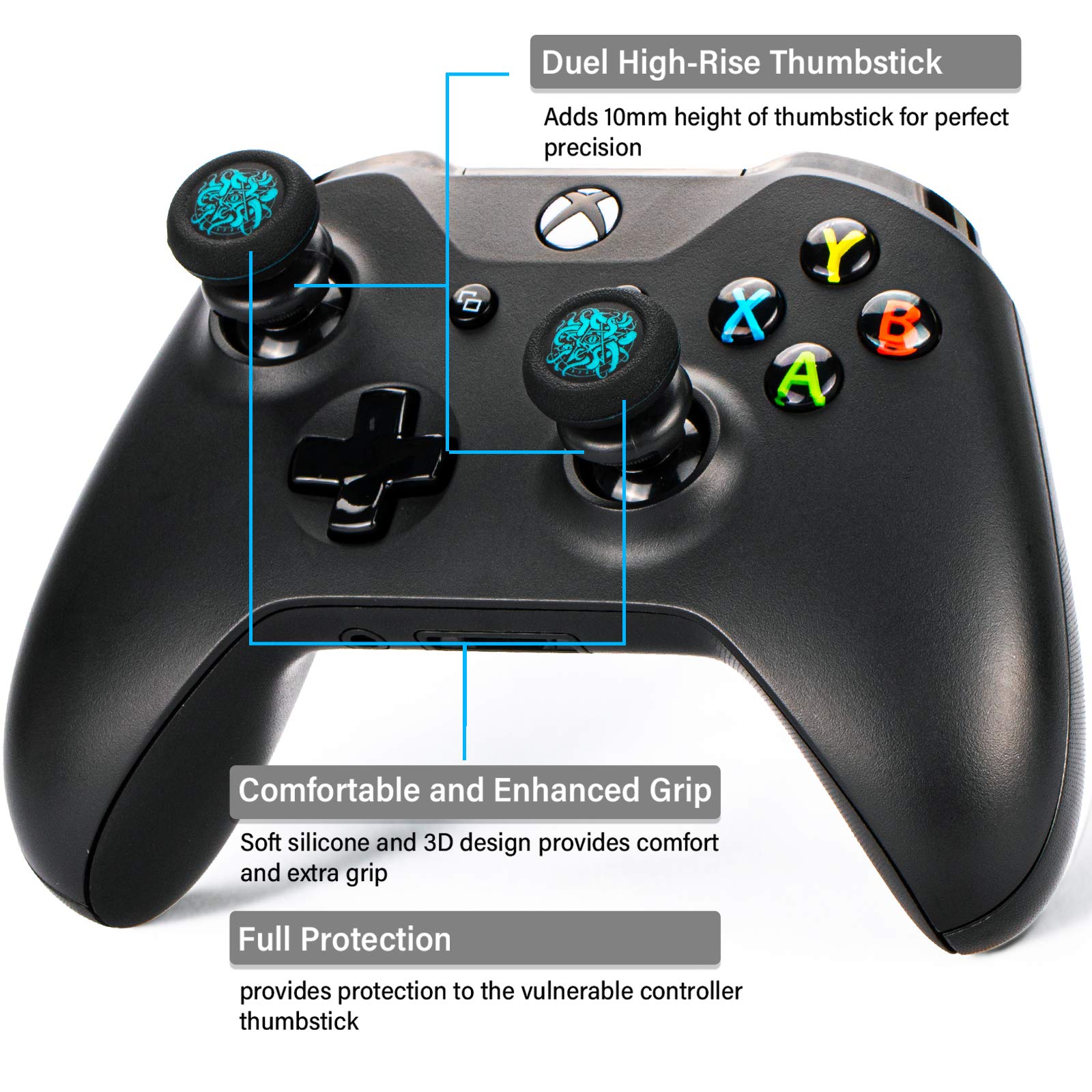 Close-up of the PlayRealm Deep Sea Demon Tentacle thumbstick grips and extenders attached to an Xbox controller.