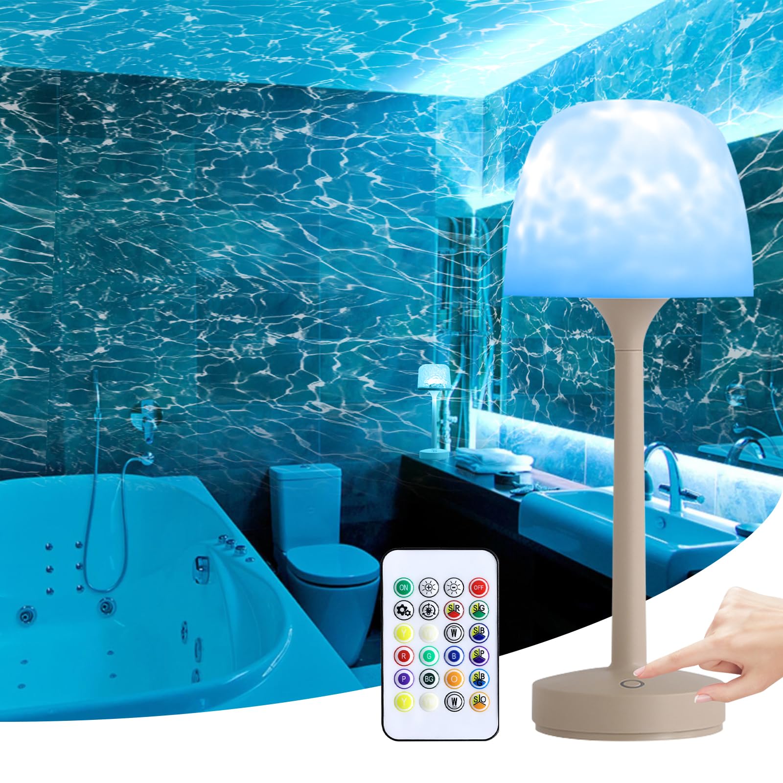 Lampada da doccia - Lampada da bagno impermeabile con proiettore di onde oceaniche a 16 colori, luce da doccia ricaricabile con controllo touch e telecomando, per bagno/vasca/camera da letto