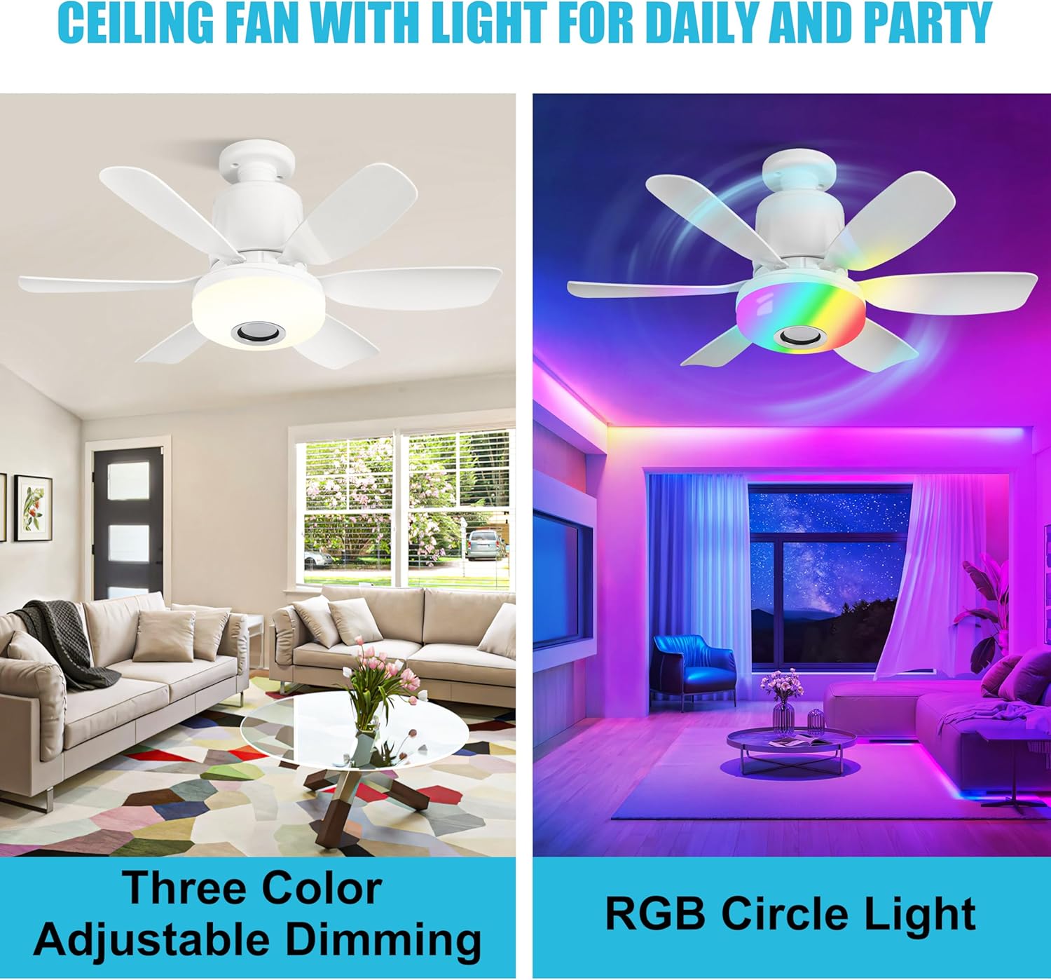 Socket Fan Light with Remote, Ceiling Fan with Bluetooth Speaker, RGB Lights, 3 Color Lights, 3 Fan Speeds, Socket Extender, Small Ceiling Fans with Lights for Bedroom，Living Room , E27 Base, White