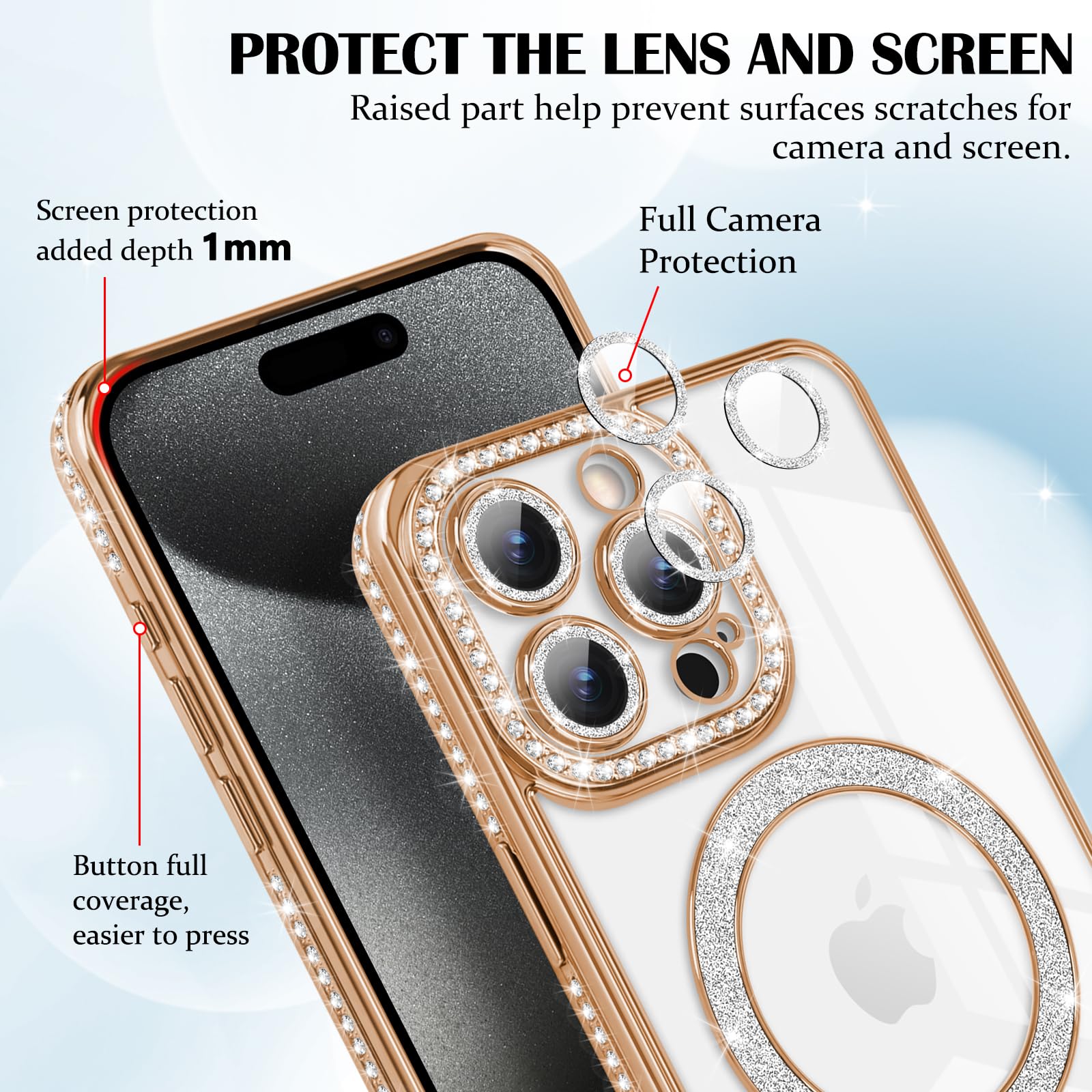 JETech Funda Glitter Para IPhone 15 6.1 Pulgadas Compatible Con MagSafe, Claro Lindo Bling