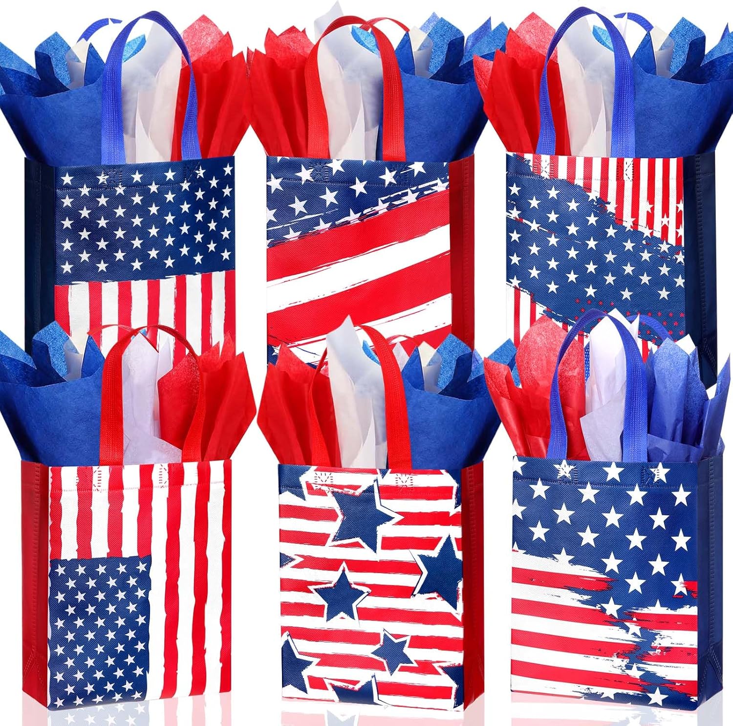 Clysee Reusable Memorial Day Patriotic Non Woven Flag Gift Bags with Tissue Paper 6 Different Patterns Waterproof Red White Blue Tote Bags with Handle for Holiday Patriotic Party Favors(36 Pack)