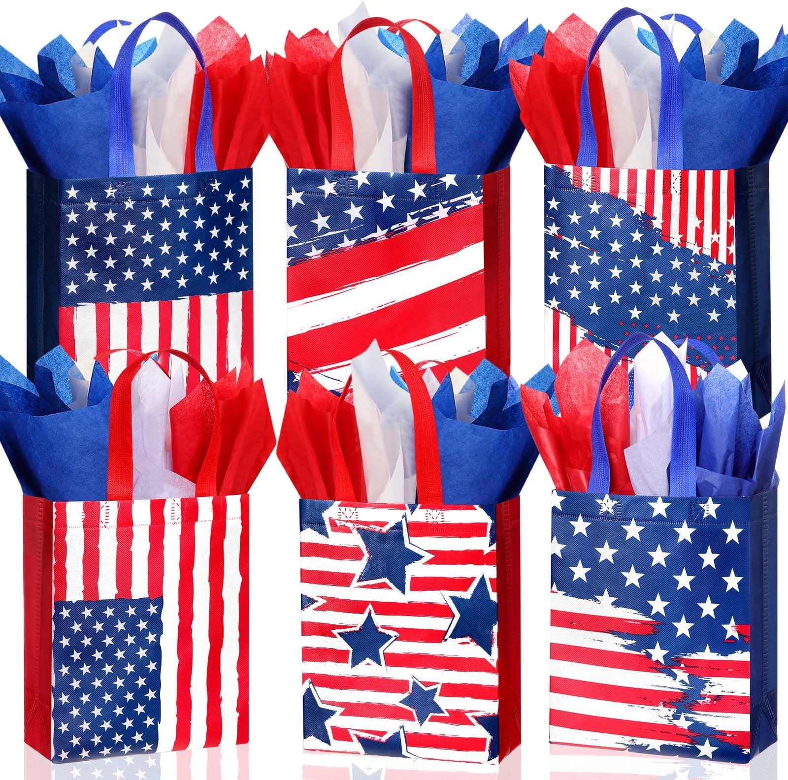 Clysee Reusable 4th of July Patriotic Non Woven Flag Gift Bags with Tissue Paper 6 Different Patterns Waterproof Red White Blue Tote Bags with Handle for Holiday Patriotic Party Favors(24 Pack)