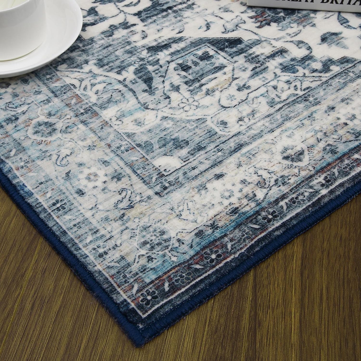 COZYLOOM Area Rug 2x6 Runner Tribal Distressed Entryway Runners Vintage Medallion Indoor Rug Runner Low Pile Soft Hallway Runner Anti-Slip Retro Rug Oriental Washable Mat Beige/Blue