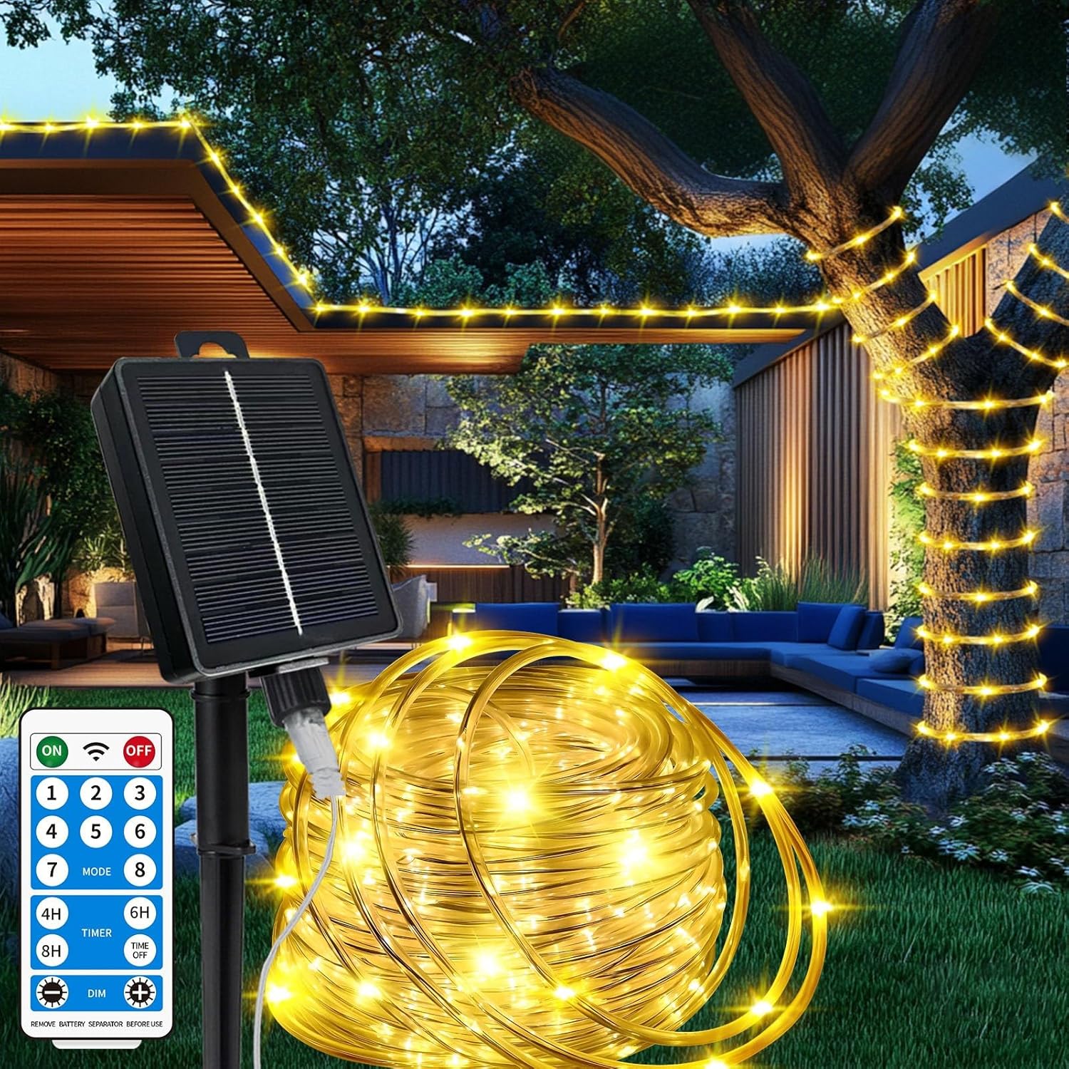 Solar Rope Lights Waterproof 39FT 100LEDs,High Capacity Rechargeable Battery,Dual Charging,Outdoor String Light,Remote-Control,for Pathway Patio Garden Palm Tree Christmas (Brighter - Warm White) Brighter-Warm White 100 LED