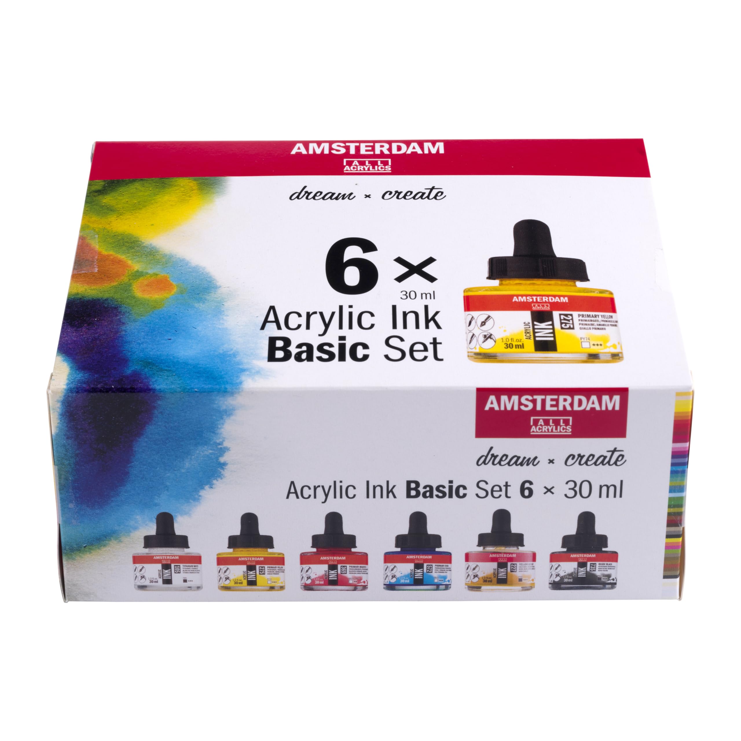 Amsterdam Set d’Encres Acryliques | Set de Base (6 x 30 ml) | Couleurs Primaires, Noir, Blanc & Ocre | Peinture Acrylique Fluide