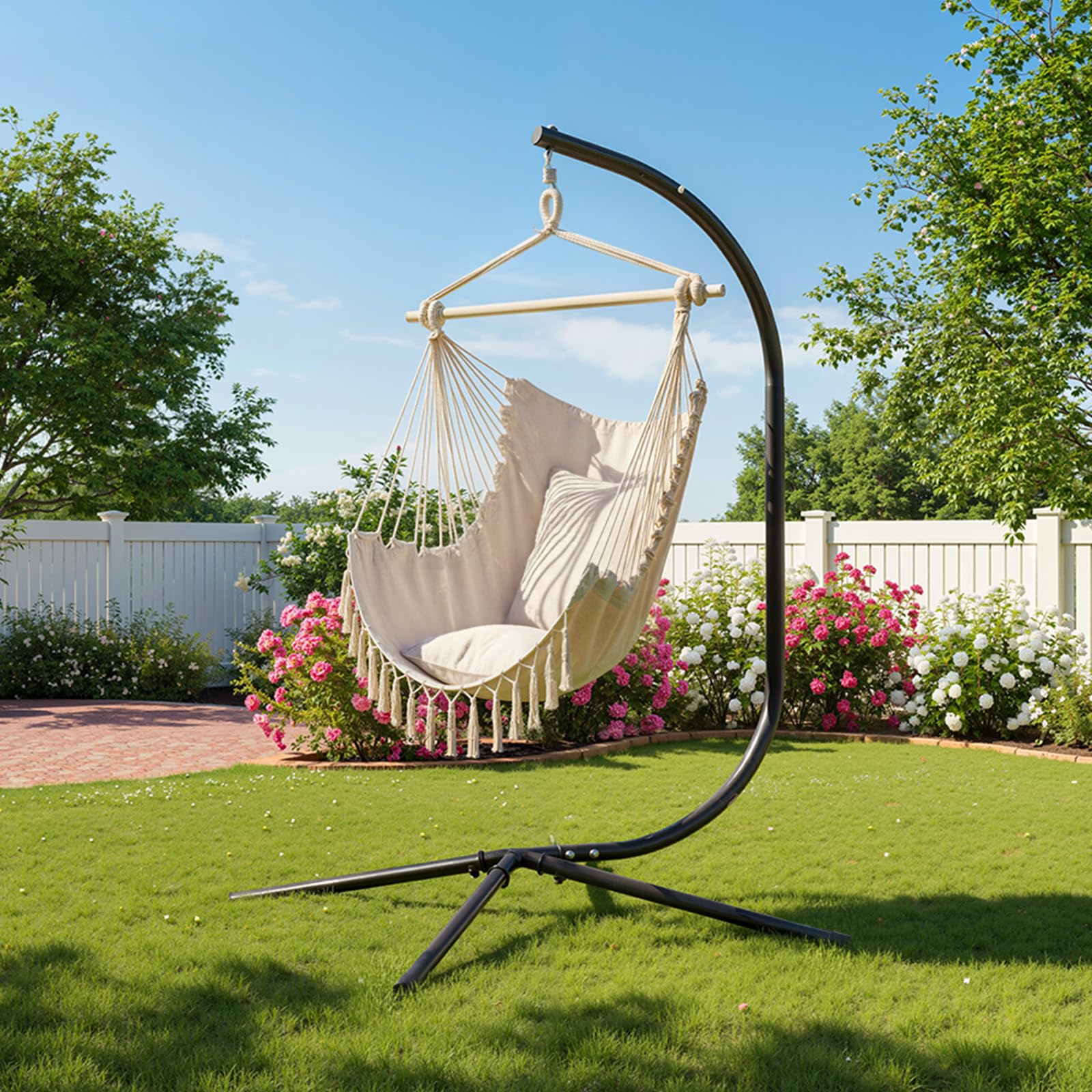 Support de Hamac - Charge Maximale 180 KG, Support de Chaise Suspendue en Forme de C, 125 x 104 x 195 CM Crochet à Ressort, pour Jardin/Balcon/Maison