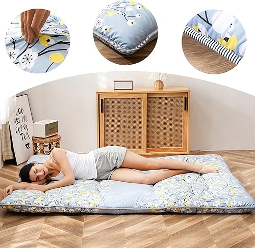 Miniatura 50 de MAXYOYO El mármol negro imprimió el futón japonés, la almohadilla de dormir espesa enrolla el colchón que acampa Mármol negro,Flor 1,floral azul