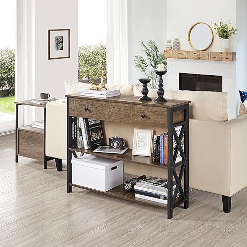 Miniatura 2 de Topeakmart Mesa consola con tomas de corriente y puertos USB mesa de sofá estrecha de 40 pulgadas mesa de entrada industrial con cajón mesa detrás