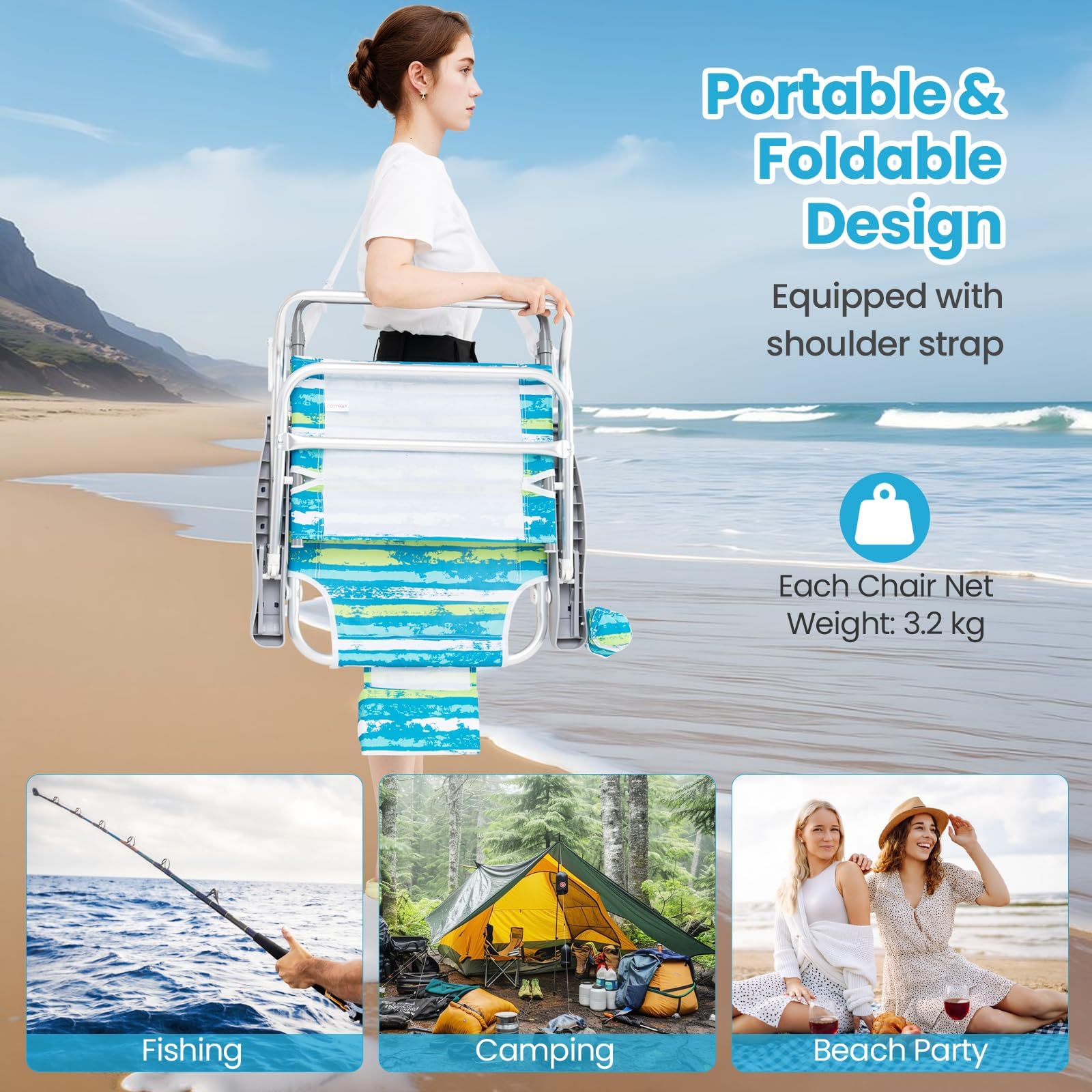 FANTASK 2-TLG Strandstühle klappbar, Campingstuhl 5-stufig verstellbare Rückenlehne, Klappstühle mit Verstellbarer Rückenlehne, Kopfstütze, Getränkehalter & Handtuchhalter, bis 150 kg belastbar, Grün