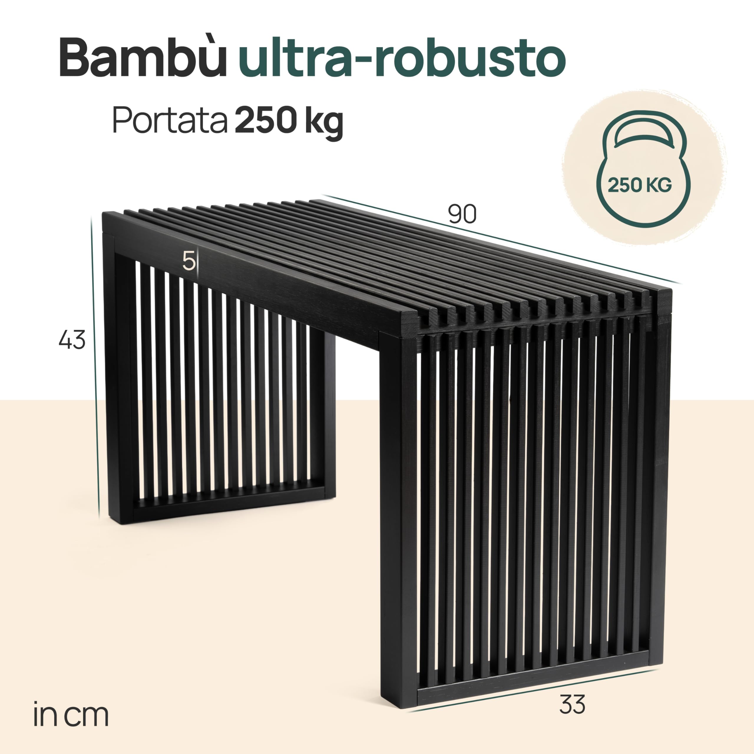 BAM BOO BOX Panca in bambù nero – panca legno senza schienale per corridoio, bagno, cucina, sala da pranzo o camera da letto – piccola panca 90 x 33 x 43 cm – portata 250 kg