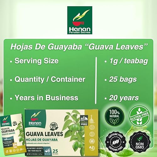 Miniatura 4 de Hanan Peruvian Secrets Hojas De Guayaba - Té de hierbas  Hojas de guayaba 100% naturales  25 bolsas de té  Apoya naturalmente las molestias