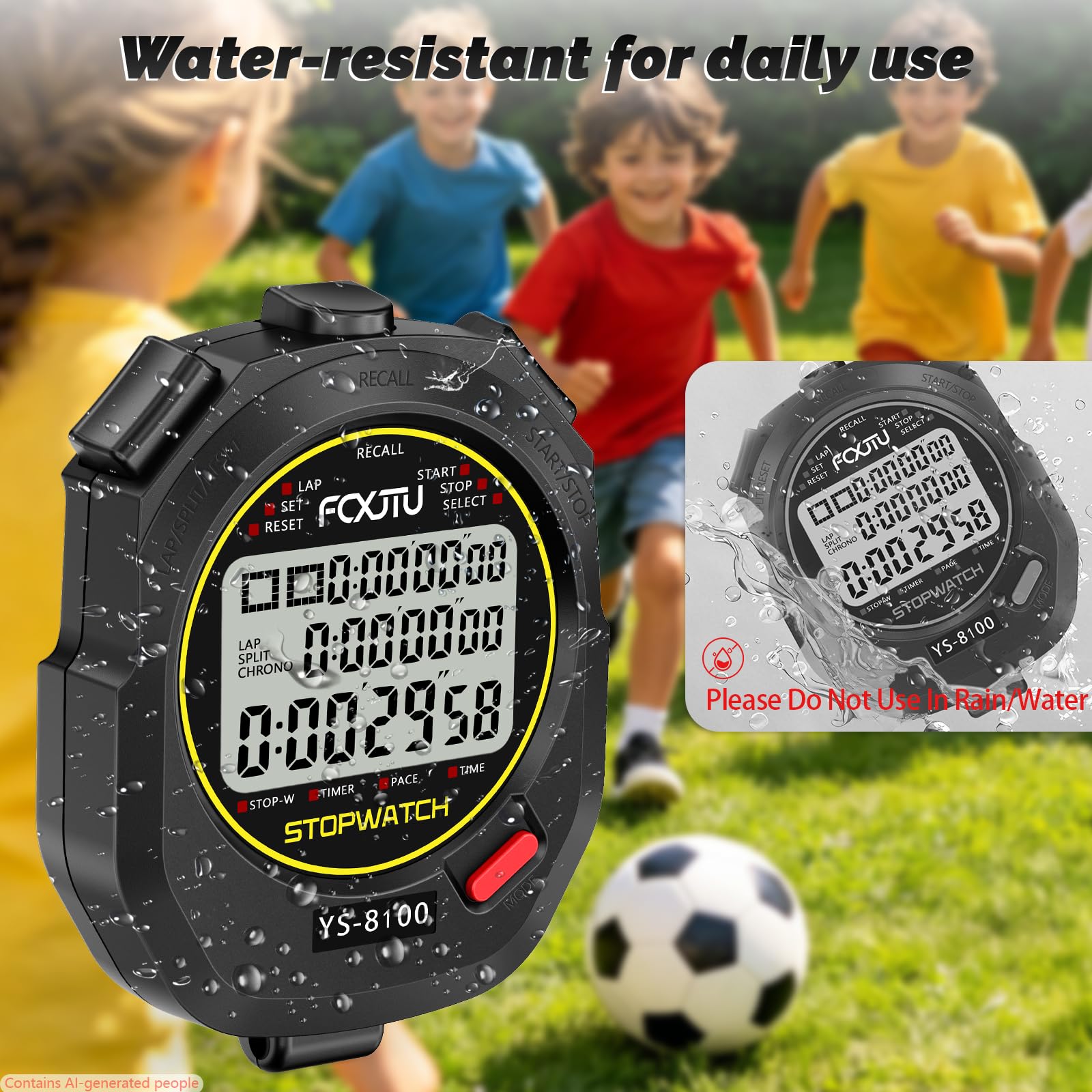 Chronomètre de sport numérique à 100 tours avec mémoire divisée - Chronomètre d'arbitre - Minuteur - Calendrier - Alarme avec 3 rangées - Très grand écran résistant à l'eau - Batterie pour