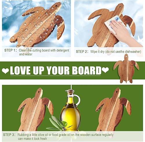 Miniatura 4 de Tabla de cortar de madera de acacia con tortugas marinas, tabla de pan de madera de 14 x 12 pulgadas, plato de queso para servir charcutería para