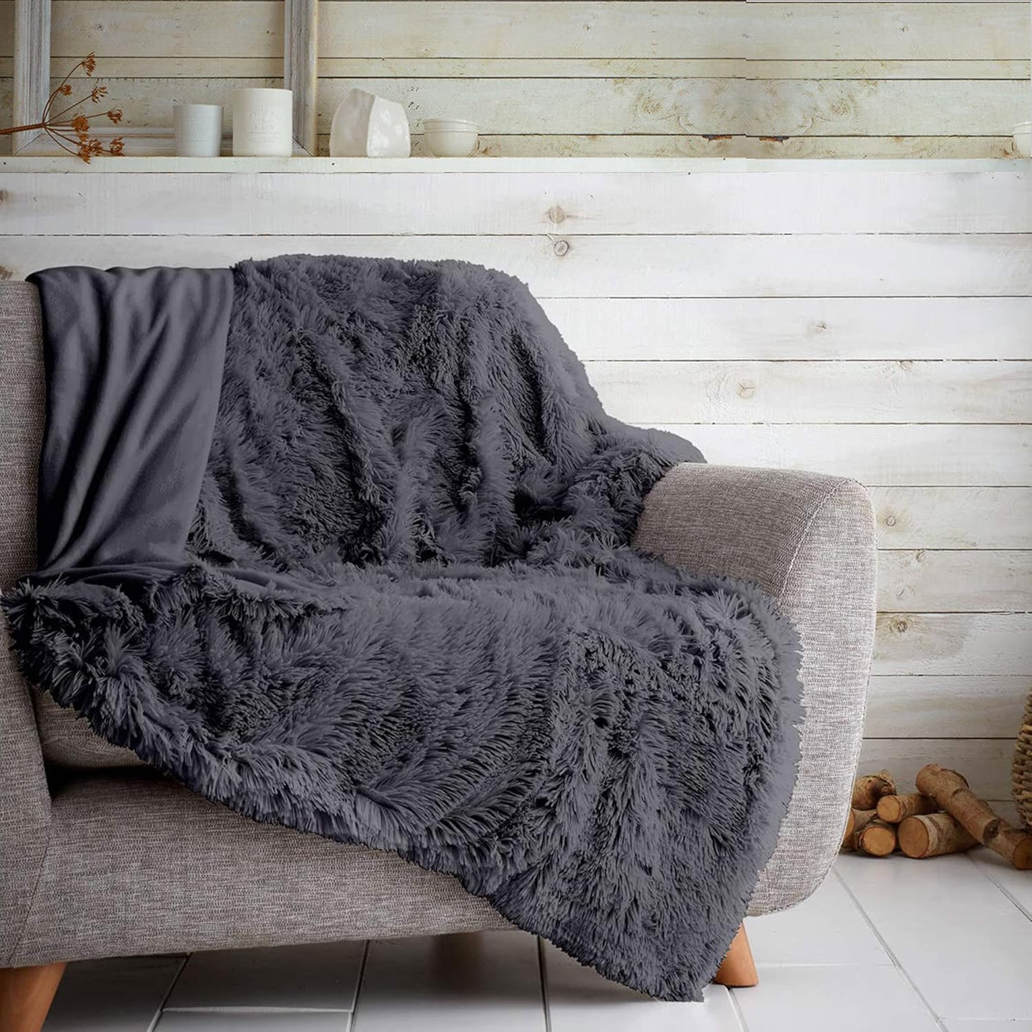 Lightweight Hug Snug Sherpa Fleece Blanket | Luxury Warm Faux Fur Throw for Sofa Bed | Thermal Fluffy Blanket For Bed Couch & Sofas Settee (150x200 Cm, Grey/Charcoal)
