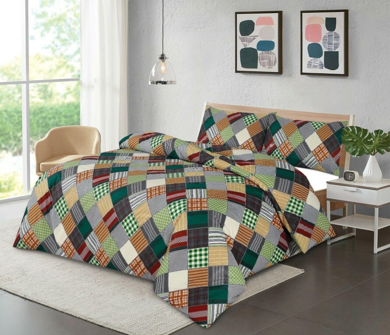 R&Z Luxury Printed Dyed Non Iron Polycotton Duvet Cover Set Single Double King Super King Size (Check Green, Single)