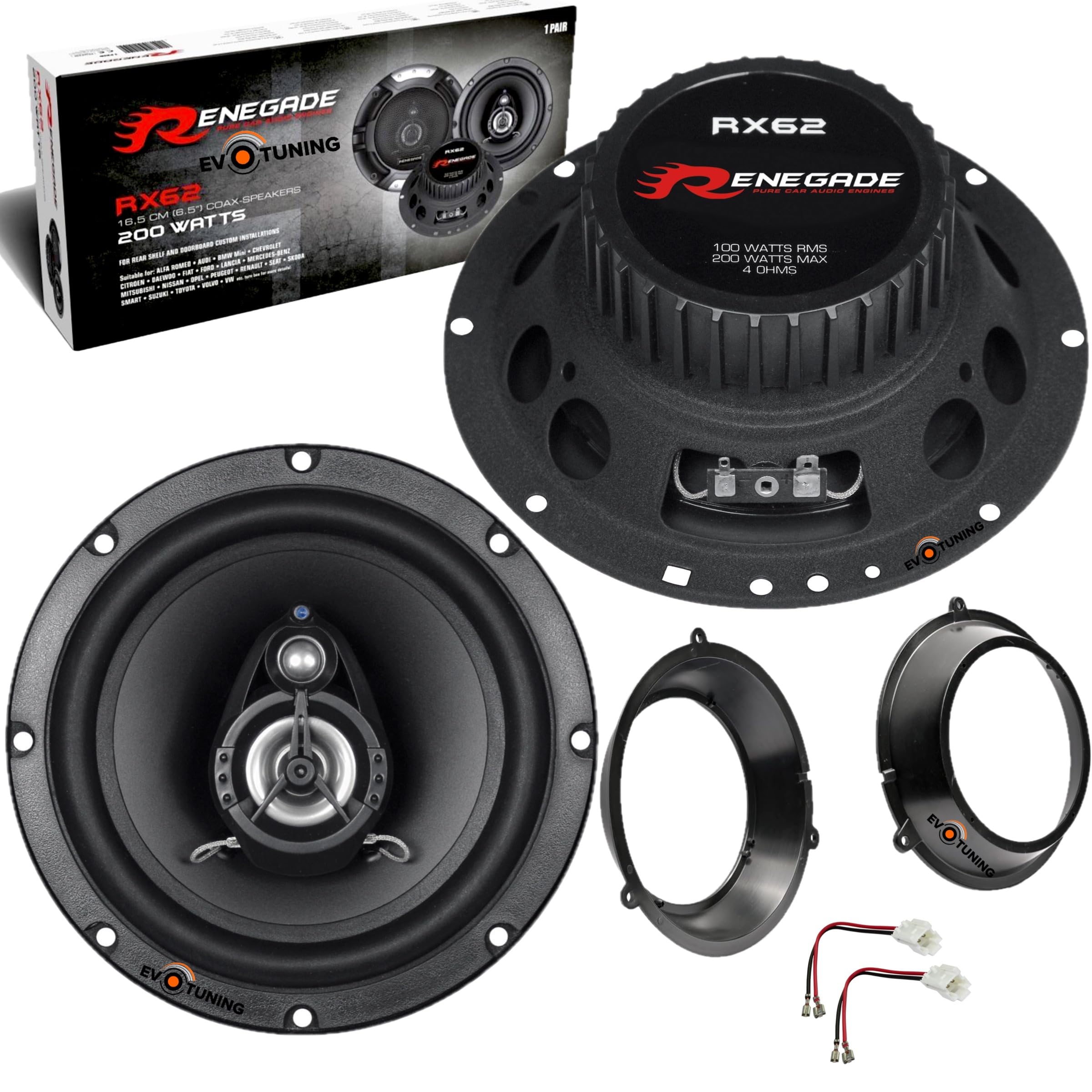 Kit 2 Casse Altoparlanti Anteriori per Fiat Panda 2 Serie 169 dal 2003 al 2011 - Set Coassiali 2 Vie 165mm 200W compatibili con Renegade RX62 + 2 Anelli e Cavi Adattatori
