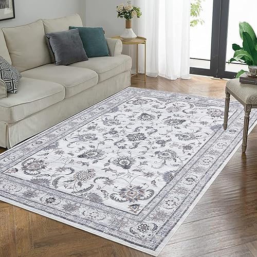 Alfombra de área grande de 8 x 10 pies para sala de estar y dormitorio, alfombra floral vintage, lavable a máquina, alfombra de área bohemia